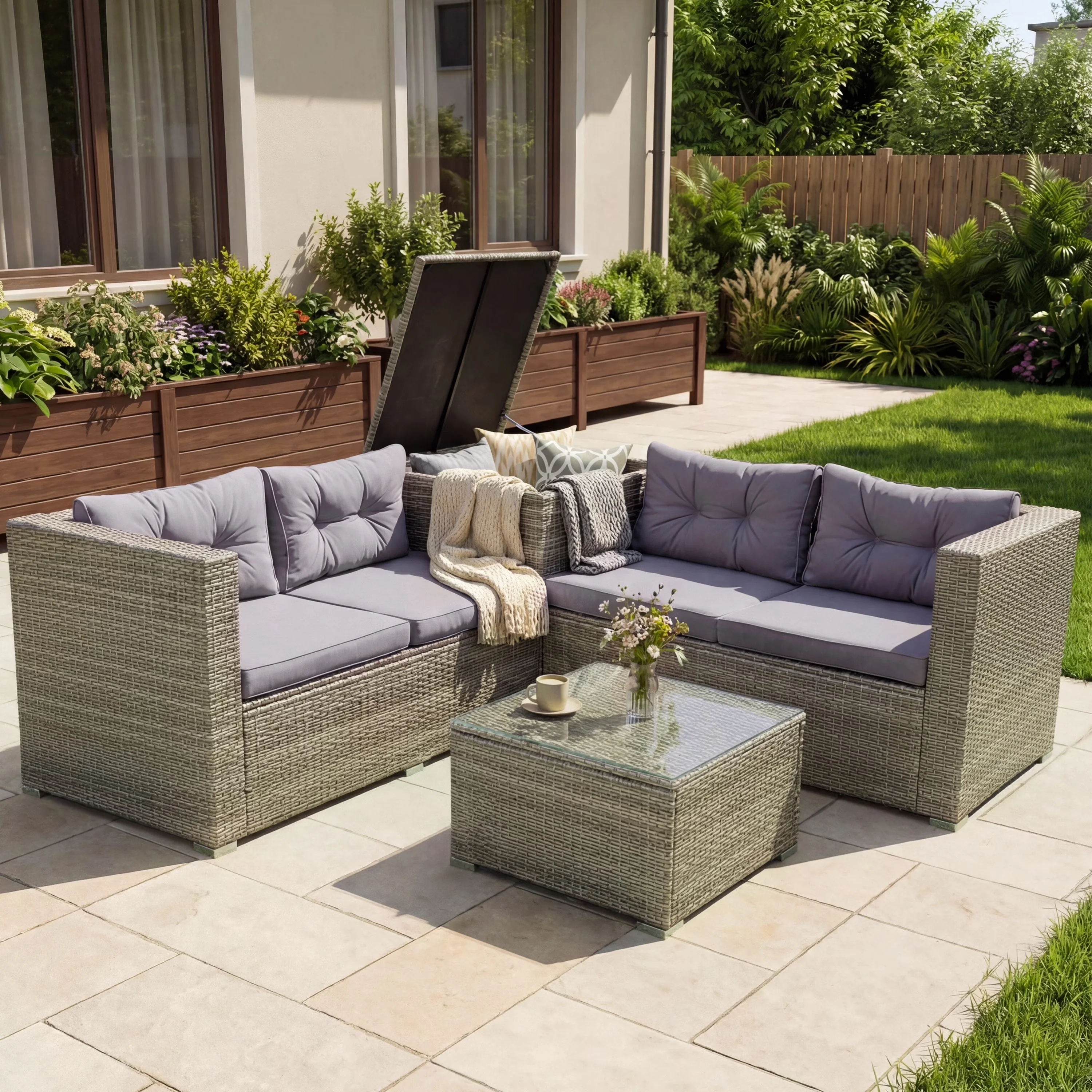 Quality Patio Conversation Set with Storage, 4 Piece Furniture - Wicker, Steel, Polyester Fabric, Foam, Tempered Glass Beige for... Model 718122
