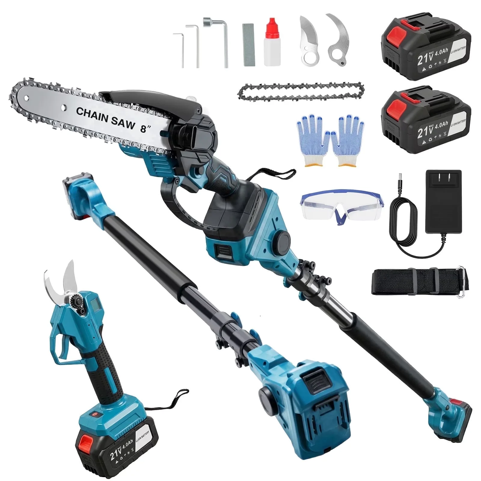 Innovative Pole Saw with Battery, Automatic Chain Oiler - Blue for Garden Model 9123EB