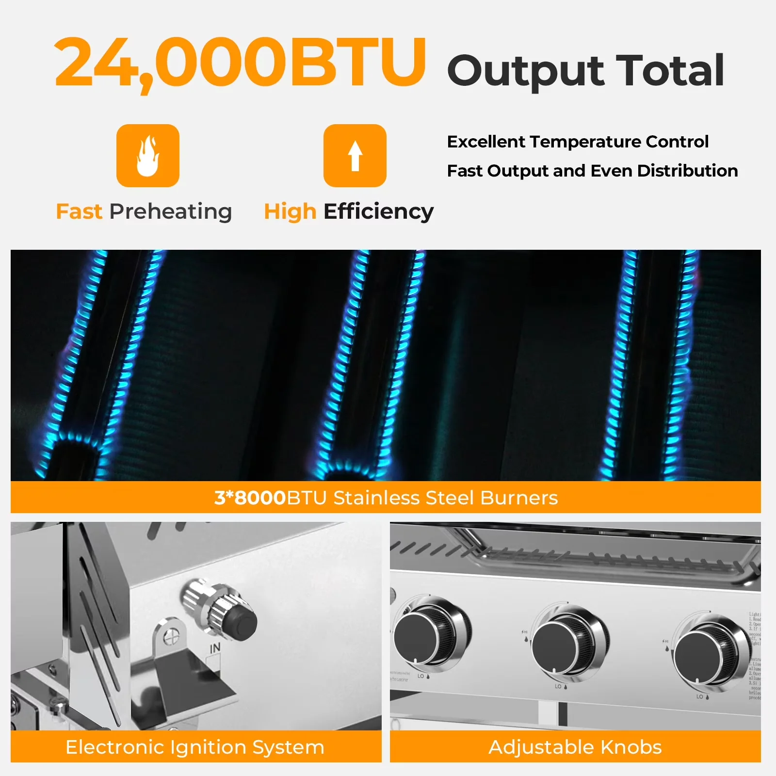 Professional Gas Grill with 24000 BTU, Grease Pan - Silver Steel for Outdoor, Patio Model 03B089