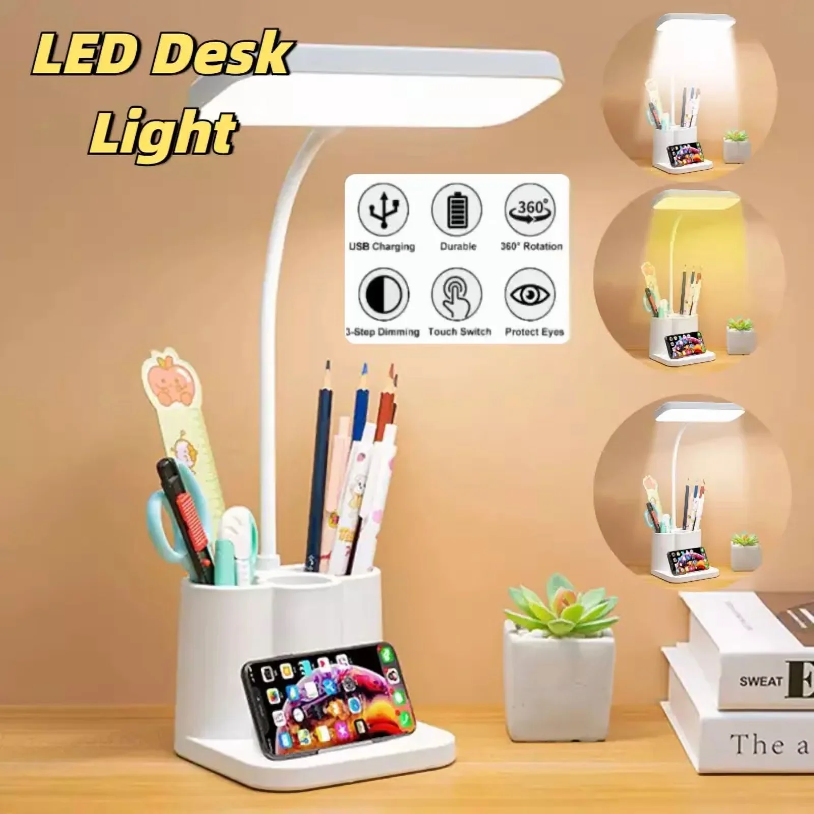 Versatile Desk Lamp with LED, Task Lamps, Touch Sensor - White Rechargeable Model EBE677