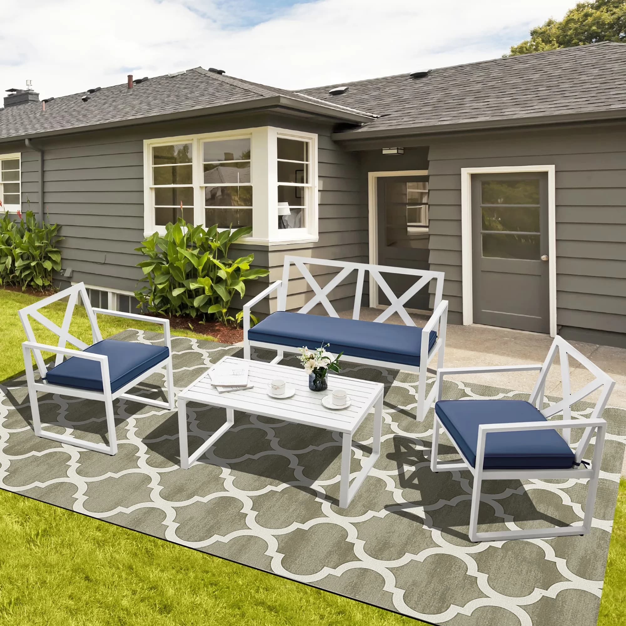 Classic Patio Dining Set with White/Blue, Conversation Sofa 4 Piece Steel, polyester sponge - Steel, Polyester, Sponge White/Navy Model 0E7F7A