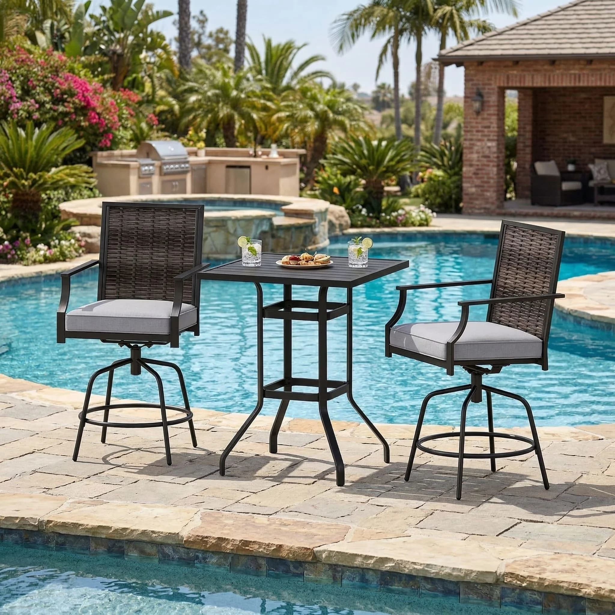 Versatile Patio Dining Set with High Top Table, 360 Degree Swivel Rattan Wicker Chairs, Resenkos 3 Piece Outdoor Swivel Bar - Pe... Model 9040BF