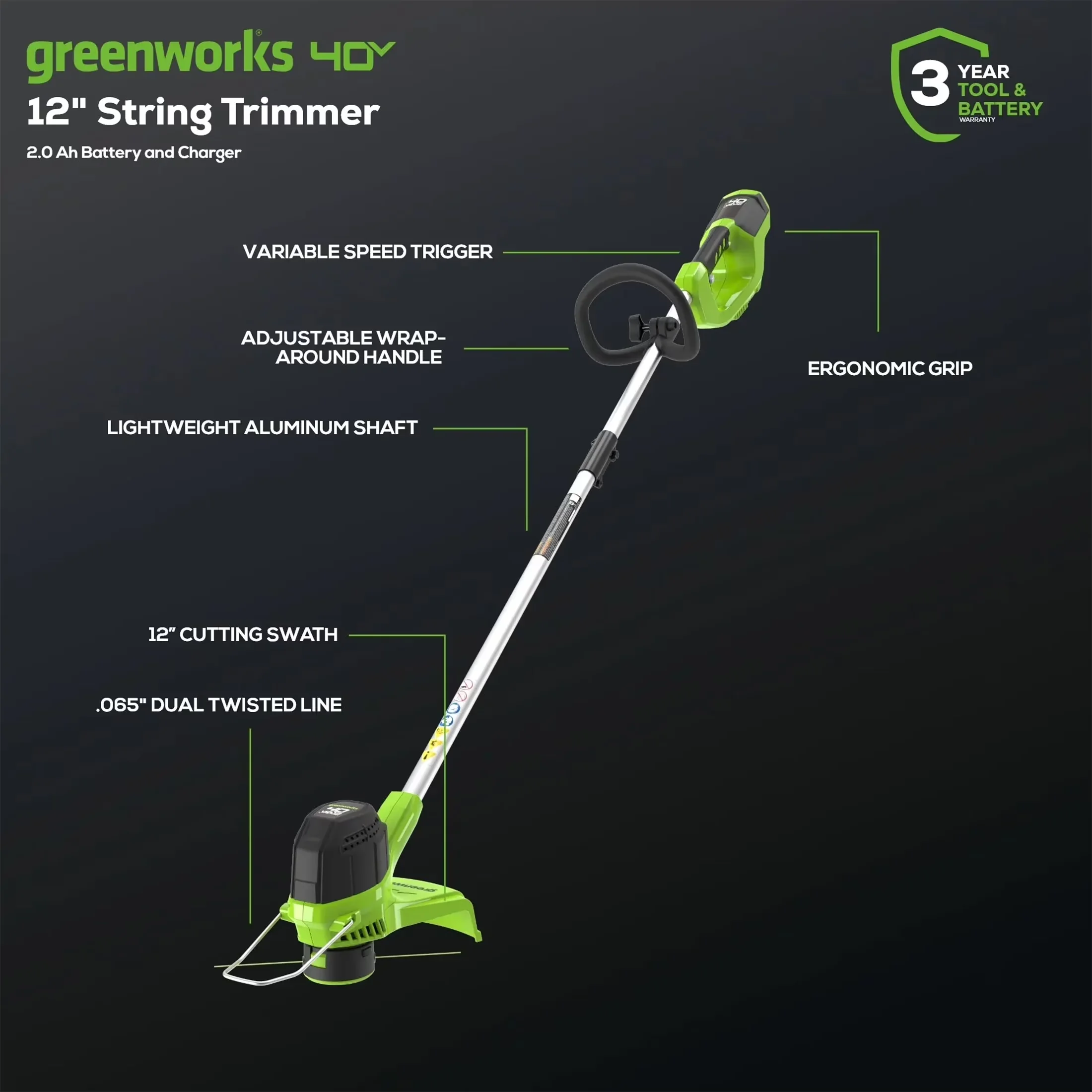 Professional String Trimmer with Battery, 40V, Automatic Line Feed - Black Model EBD4A7