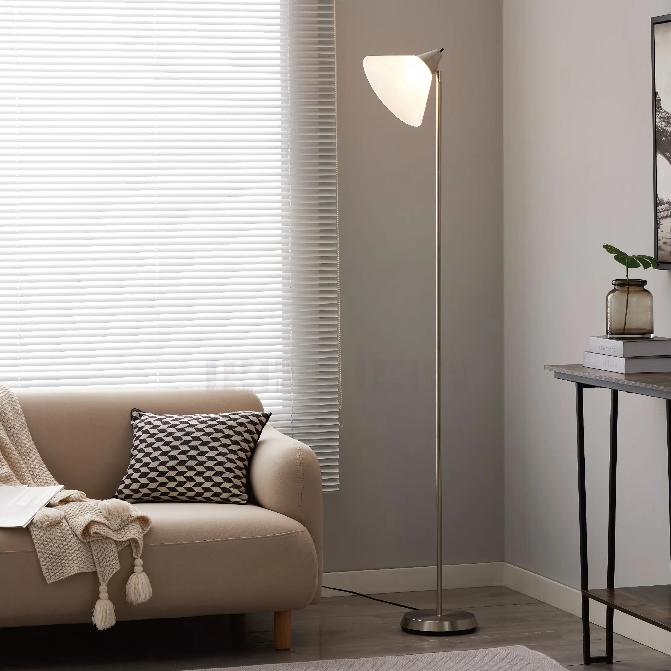 Compact Floor Lamp with LED, Adjustable Head, Minimalist - Metal, Plastic Silver Model 363A01