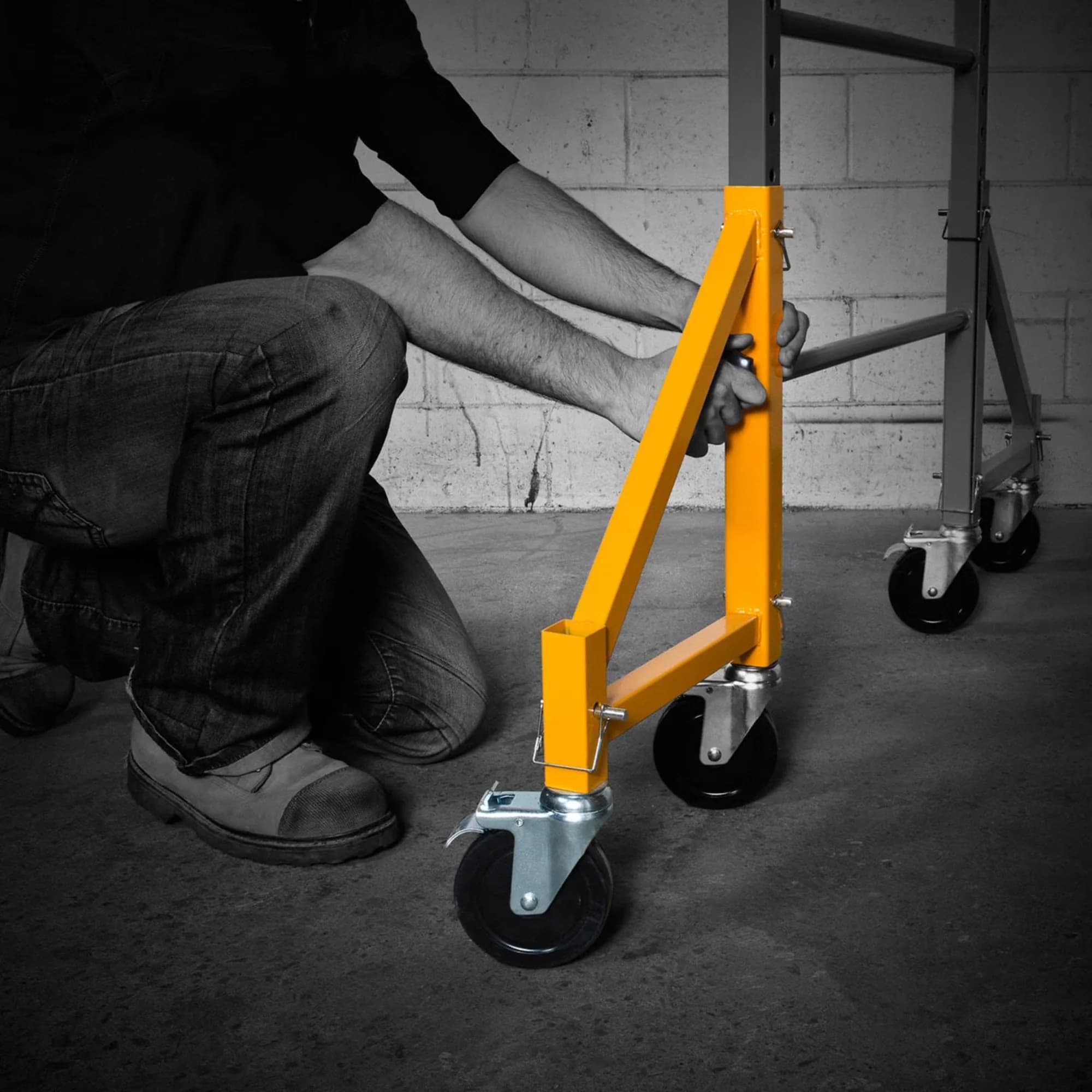 Building Material Versatile with Caster Wheels, 4 Pack, Baker Scaffold Adjustable Outriggers - Yellow Metal Model 223B0A
