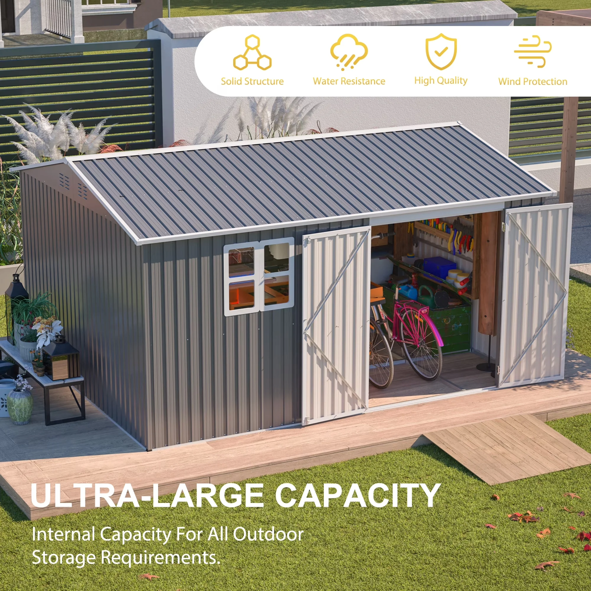 Shed Sleek with Lockable Door, Rot Resistant, 12'x10' Outdoor Storage - Metal Gray for Patio Model 42456E