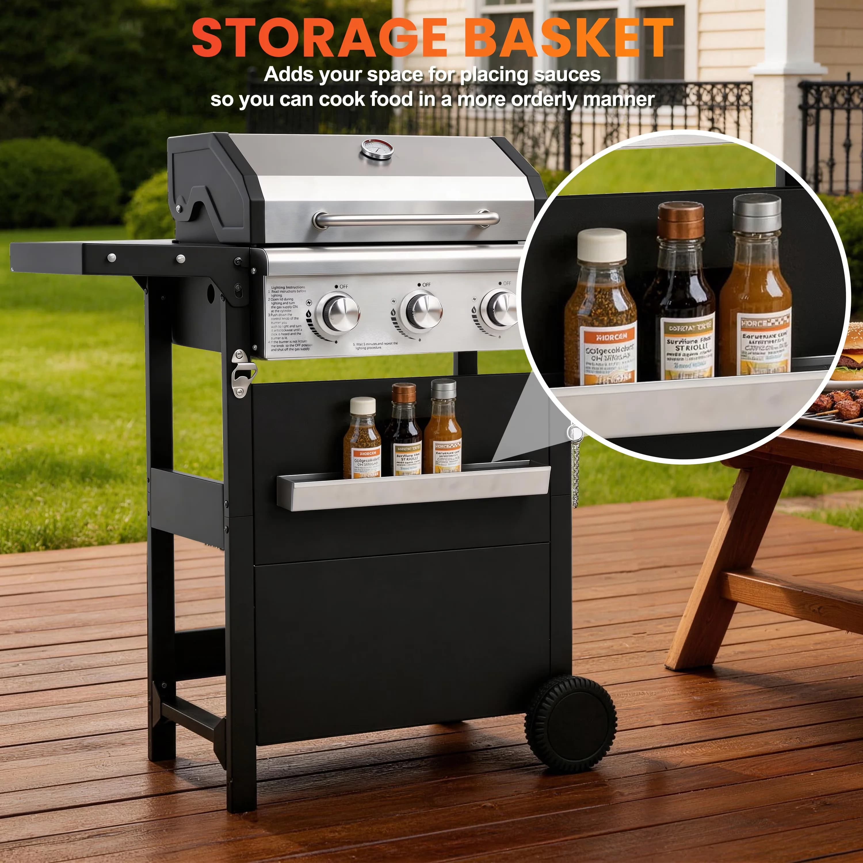Professional Gas Grill with 27000 BTU, Storage Rack, 3 Burner BBQ Propane - Stainless Steel Model 2CB45A