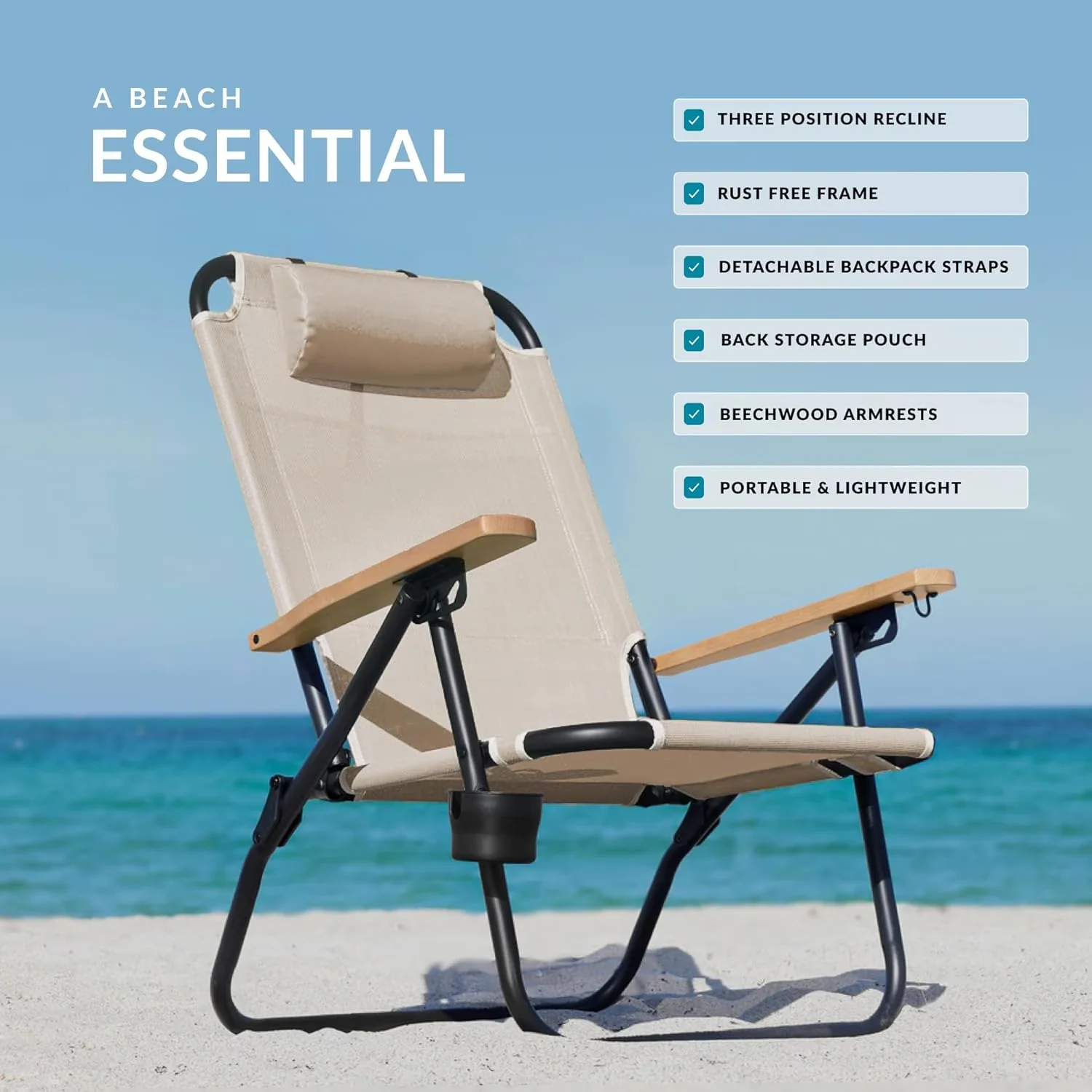Beach Chair Essential with Waterproof, Adjustable, Premium Backpack - Beige Aluminum Model 3AEAC1