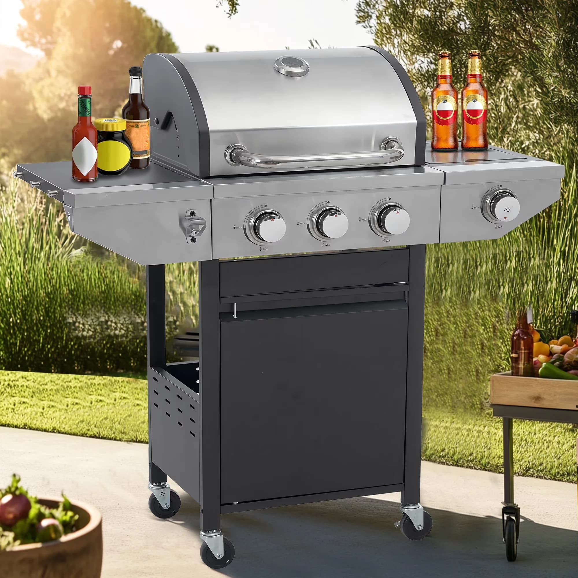 Quality Gas Grill with 37150 BTU, Storage Rack, Side Burner - Stainless Steel Model D9F4C4