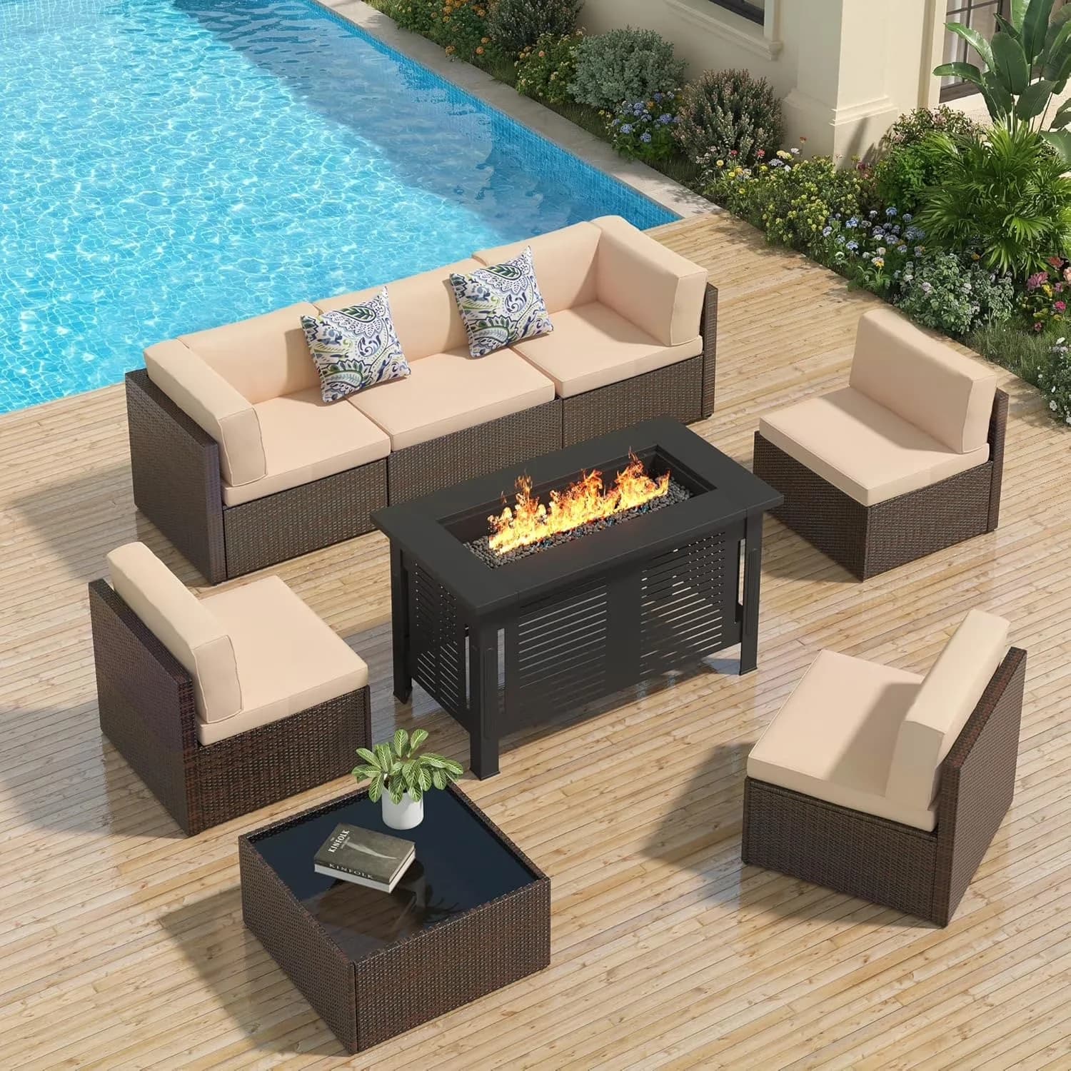 Classic Patio Conversation Set with Weatherproof, Shape: Rectangular - Beige Pe Rattan, Steel Model FAD845