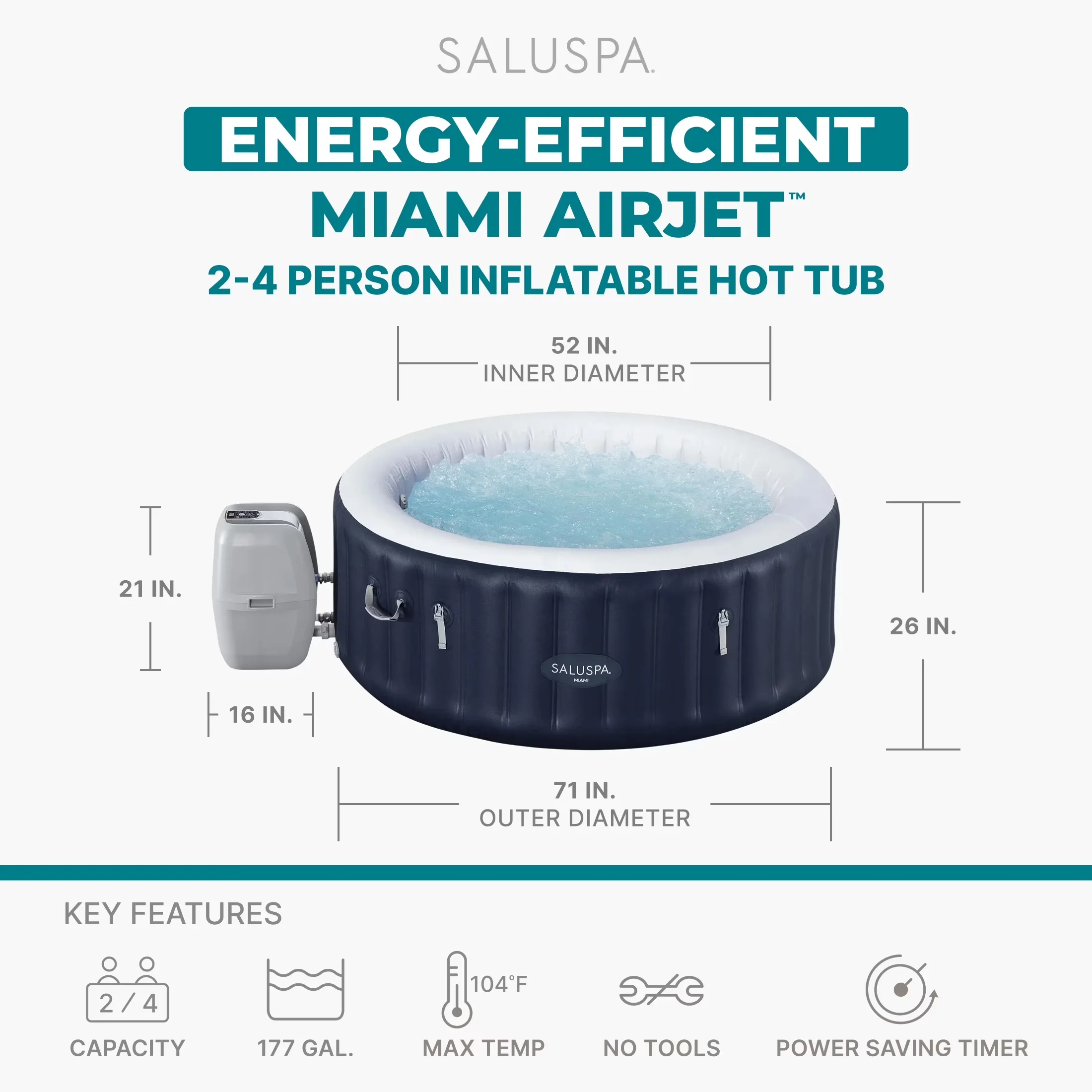 Hot Tub Versatile with Inflatable, 71"x26", Round Energy-Efficient Spa - Blue Model 8FB997
