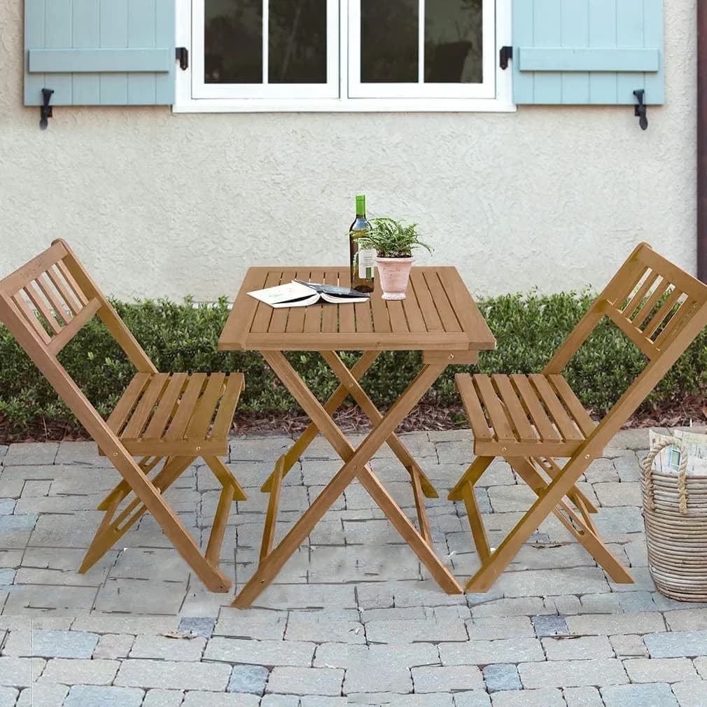 Compact Patio Dining Set with Folding Chairs, Coffee Table Chairs, Outdoor Wood Conversation Modern Bistro - Beige for Garden Model 2C1410