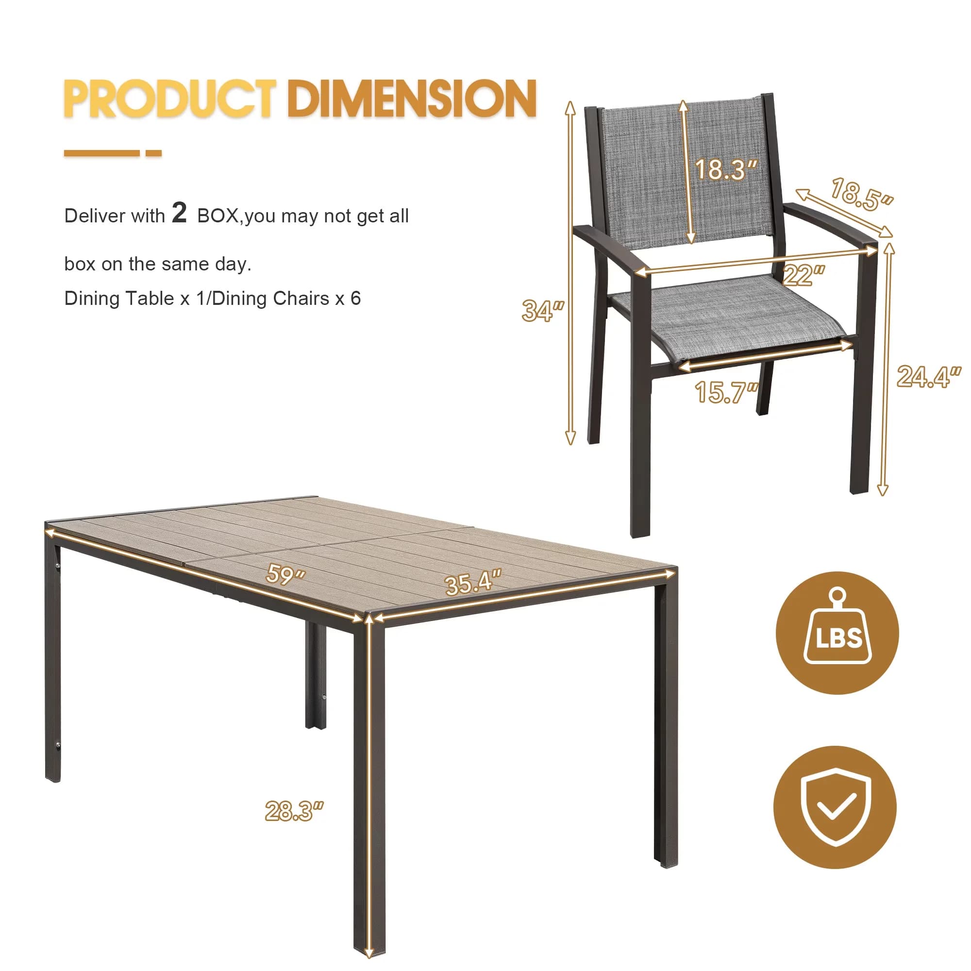 Compact Patio Dining Set with Weatherproof, Rectangular Table, 7 Pieces Outdoor - Gray Model 14A9D5