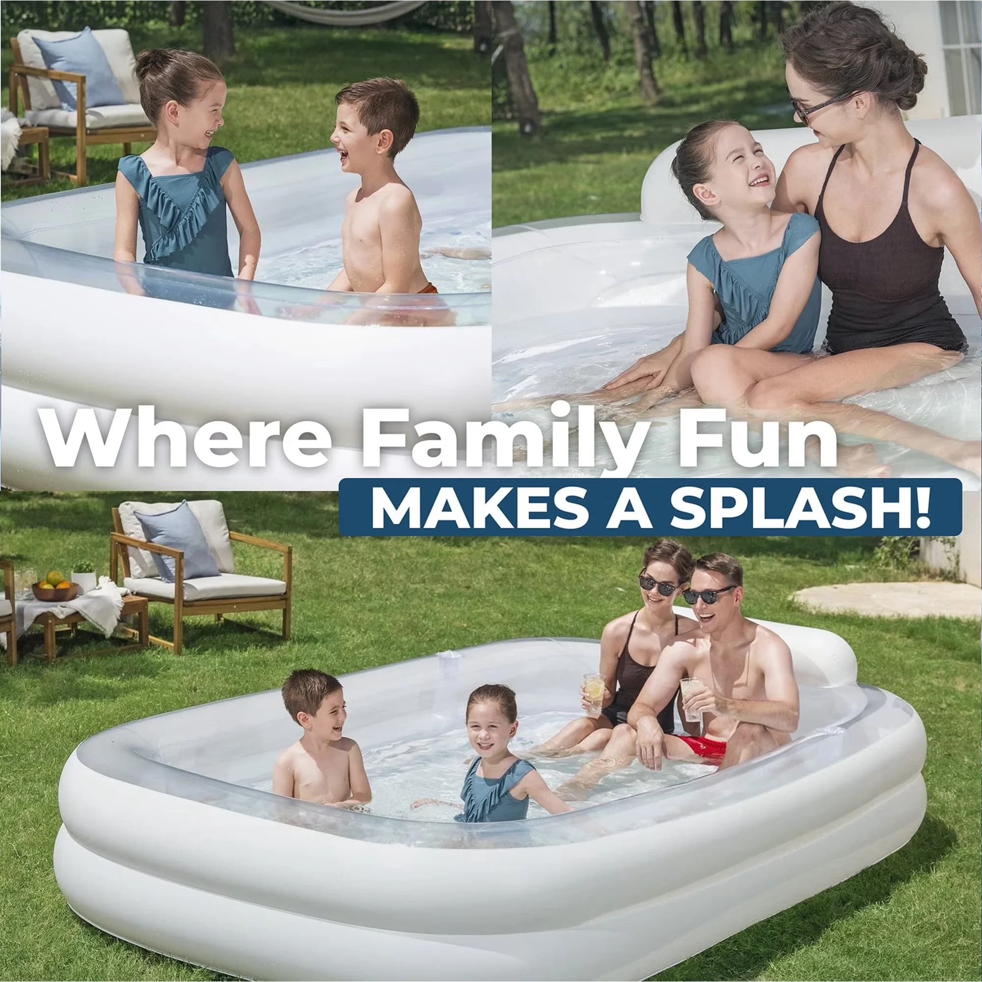 Sleek Inflatable Pool with Mark 10ft Long Family With Cup Holders, 10ft long inflatable pool - Model D7C306