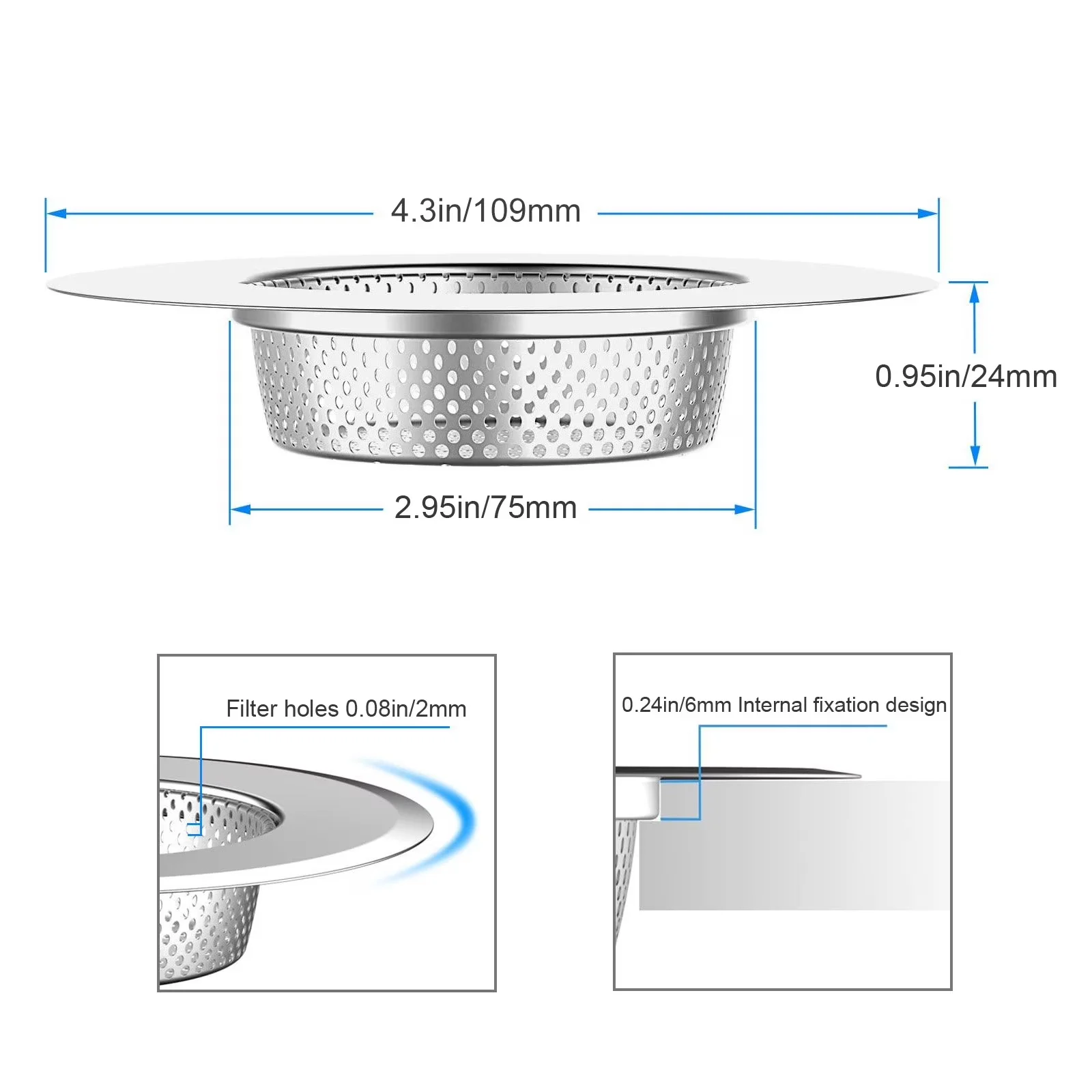 Bathroom Renovation Durable with Anti-Clogging, Stainless Steel Drain Strainer, 2pcs Kitchen Sink Strainer - Stainless Steel Silver Model CFFD19