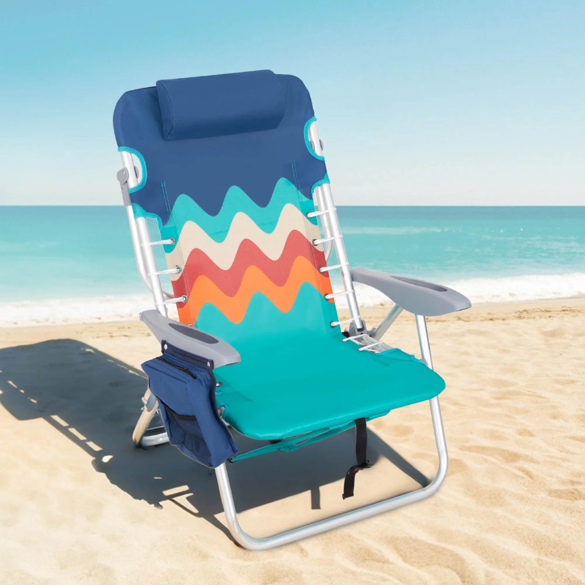Premium Beach Chair with Folding, Blue, 4 Adjustable Positions & Cooler Bag - Blue Model 2EFFD9