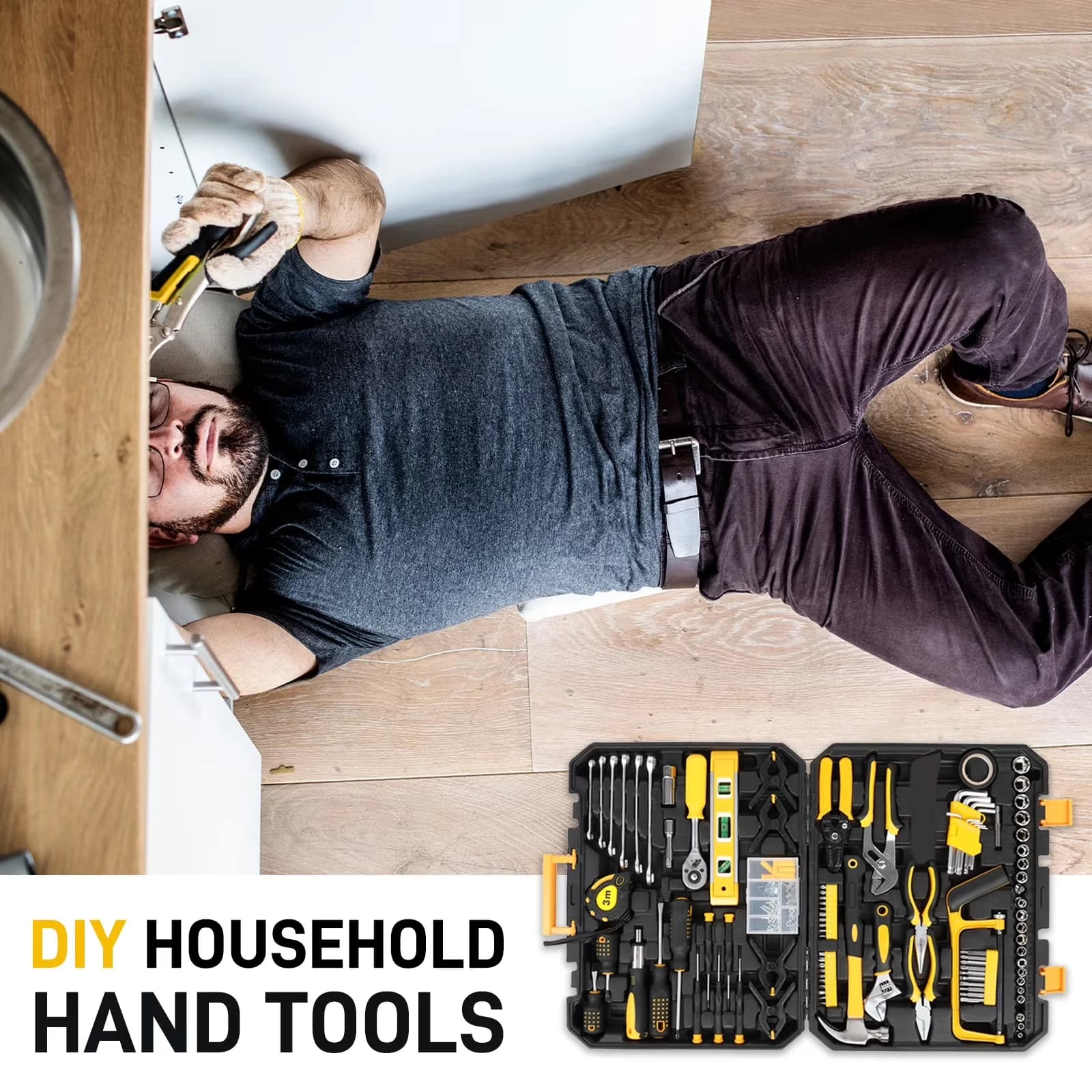 Essential Hand Tool Set with 198 Piece, Yellow, Handles are ergonomically designed. - Model DF8DA4