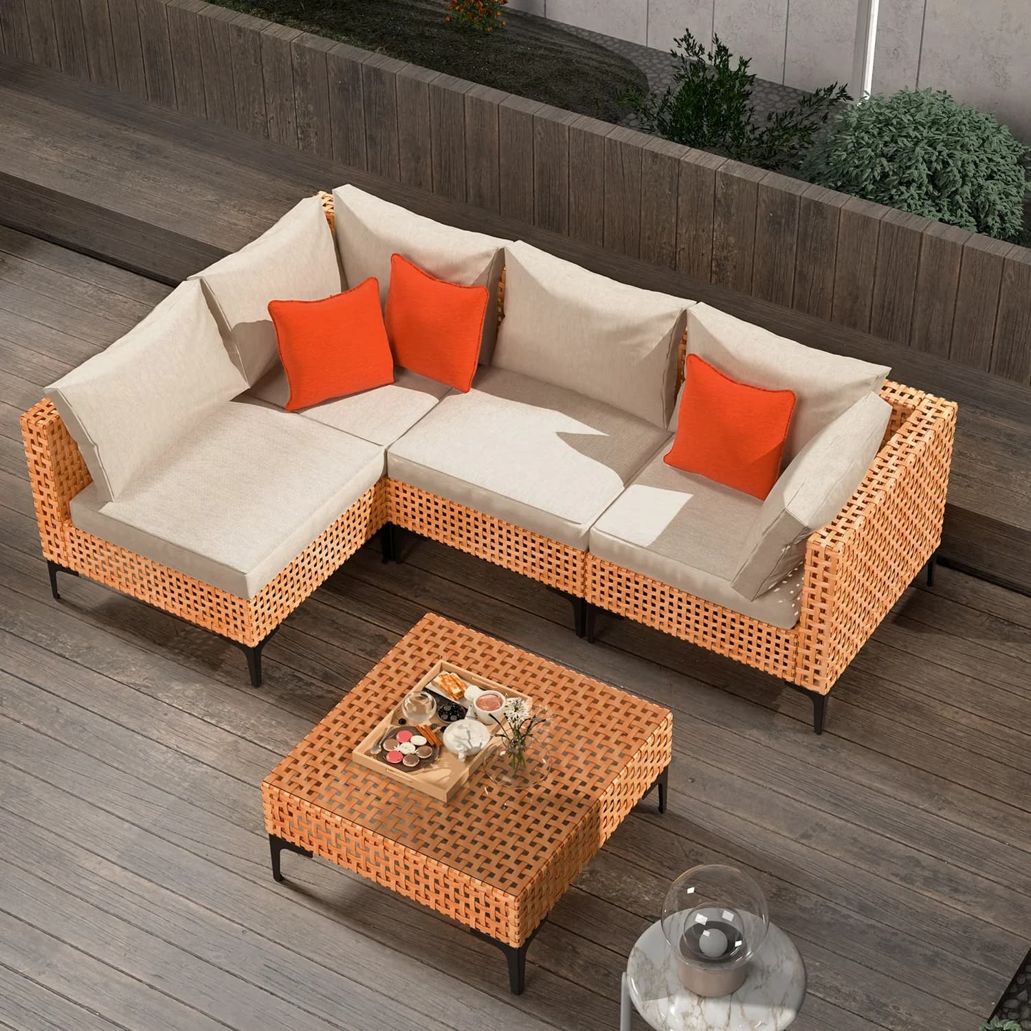 Efficient Outdoor Sofas Sectional with Storage, Cushions and Tea Table Patio Set - Yellow Iron, Wicker Model 1D8B9B