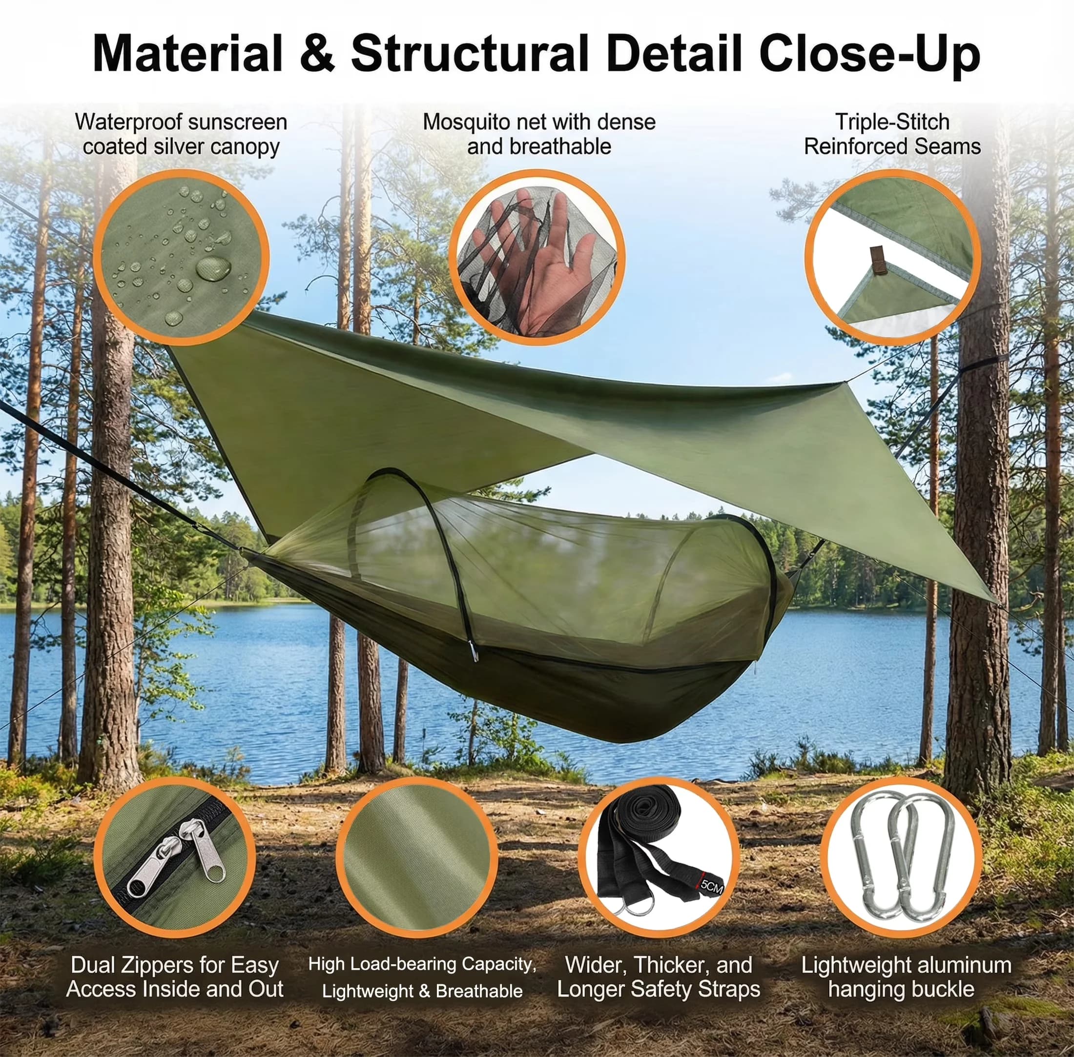 Patio Chair Sleek with All-Weather, Tear-Resistant, Adjustable - 210T Nylon Green for Outdoor, Camping Model D80CA3