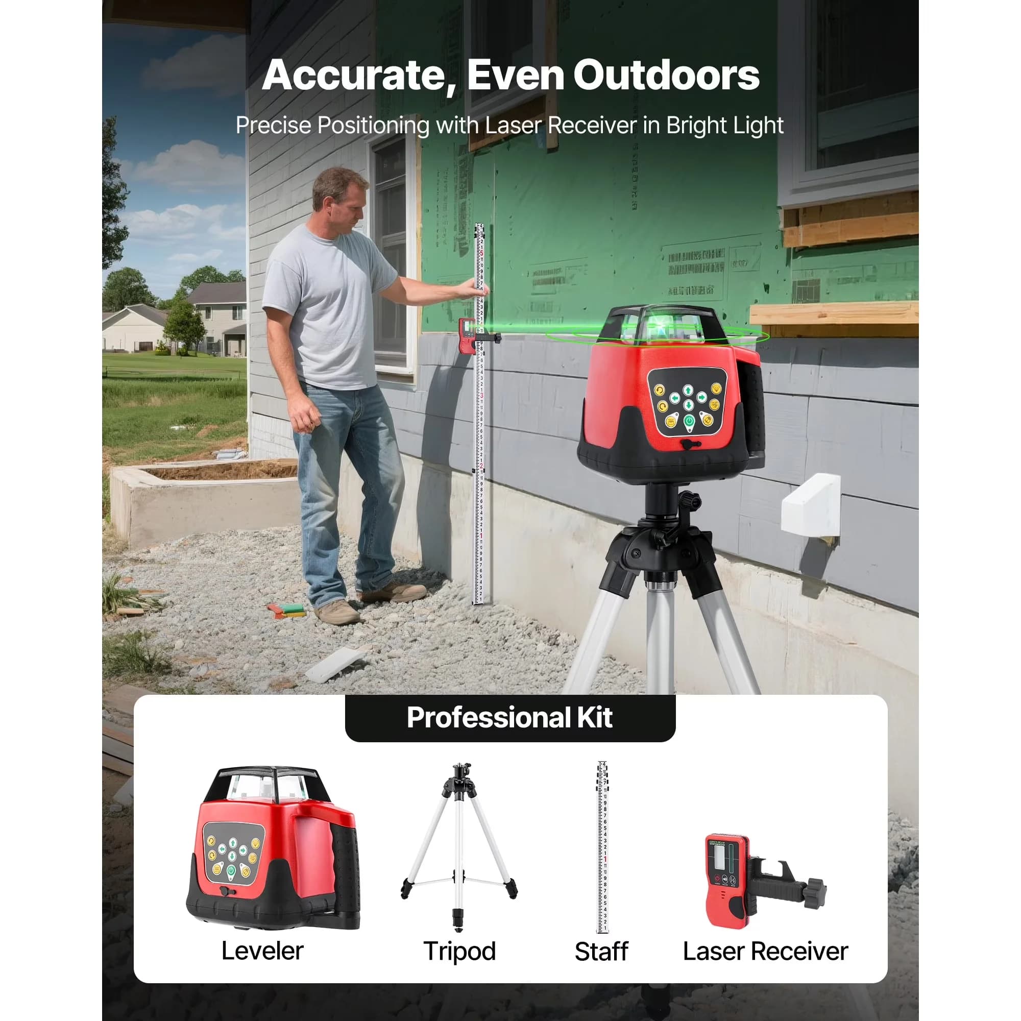 Premium Measuring Layout with Battery, Adjustable, Rotary Laser Level Kit - Green Model 23AC06