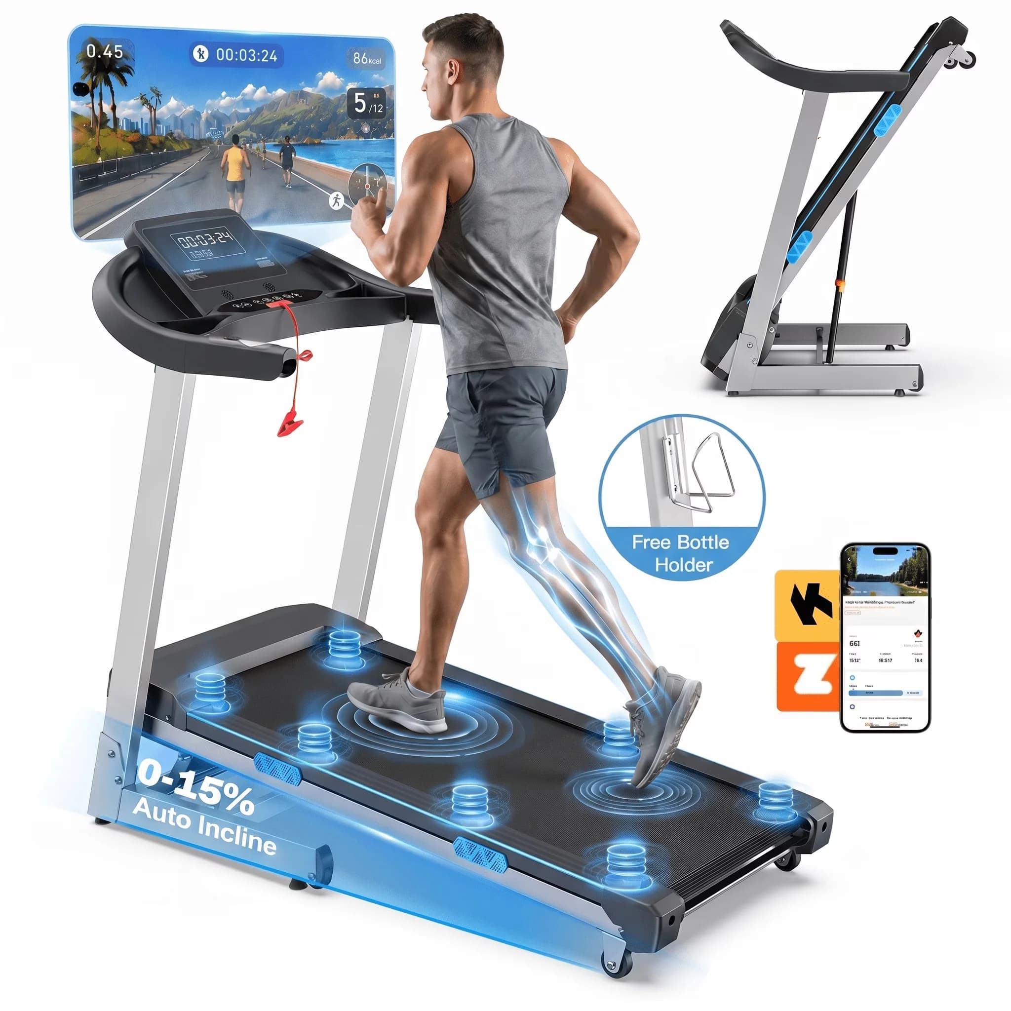 Home Gym Modern with 15% Auto Incline, 400lbs Capacity, Folding Treadmill - Black Steel Model 2B919F