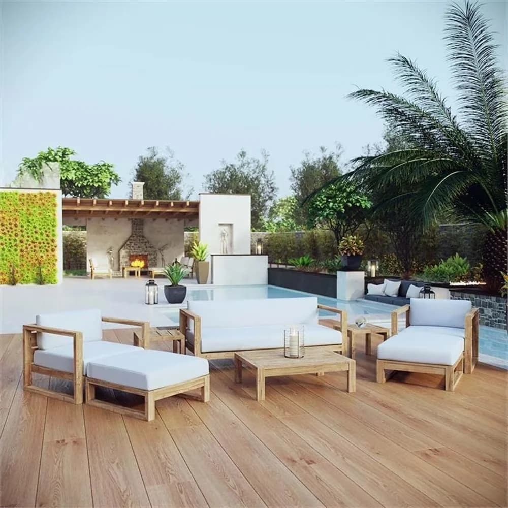 Premium Patio Dining Set with 8-Piece Wood Sofa in Natural and White, Modern teak outdoor set - Wood Off-White Model 436CE5