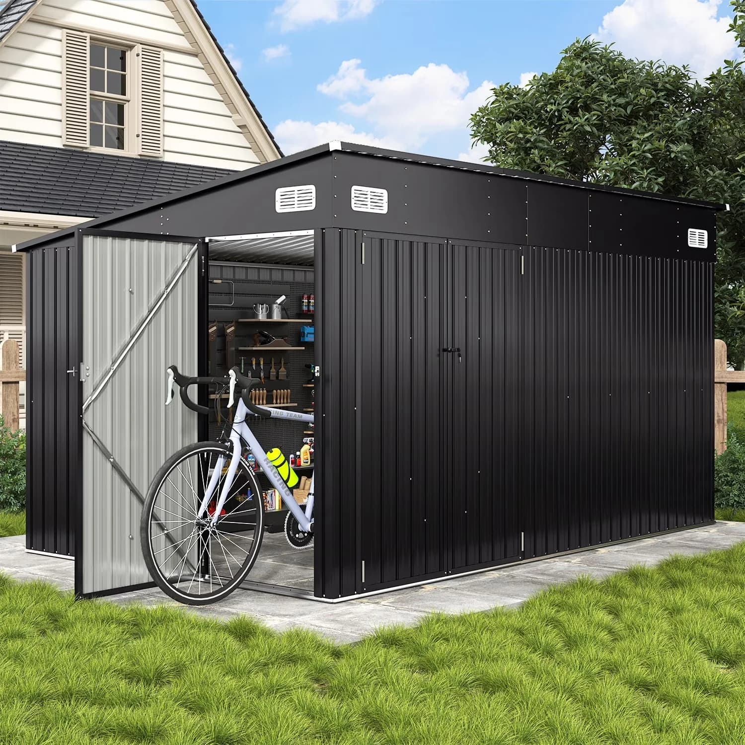 Premium Shed with Rust Resistant, Lockable Door, Outdoor Lockable - Metal Black for Garden, Patio Model 2516E5