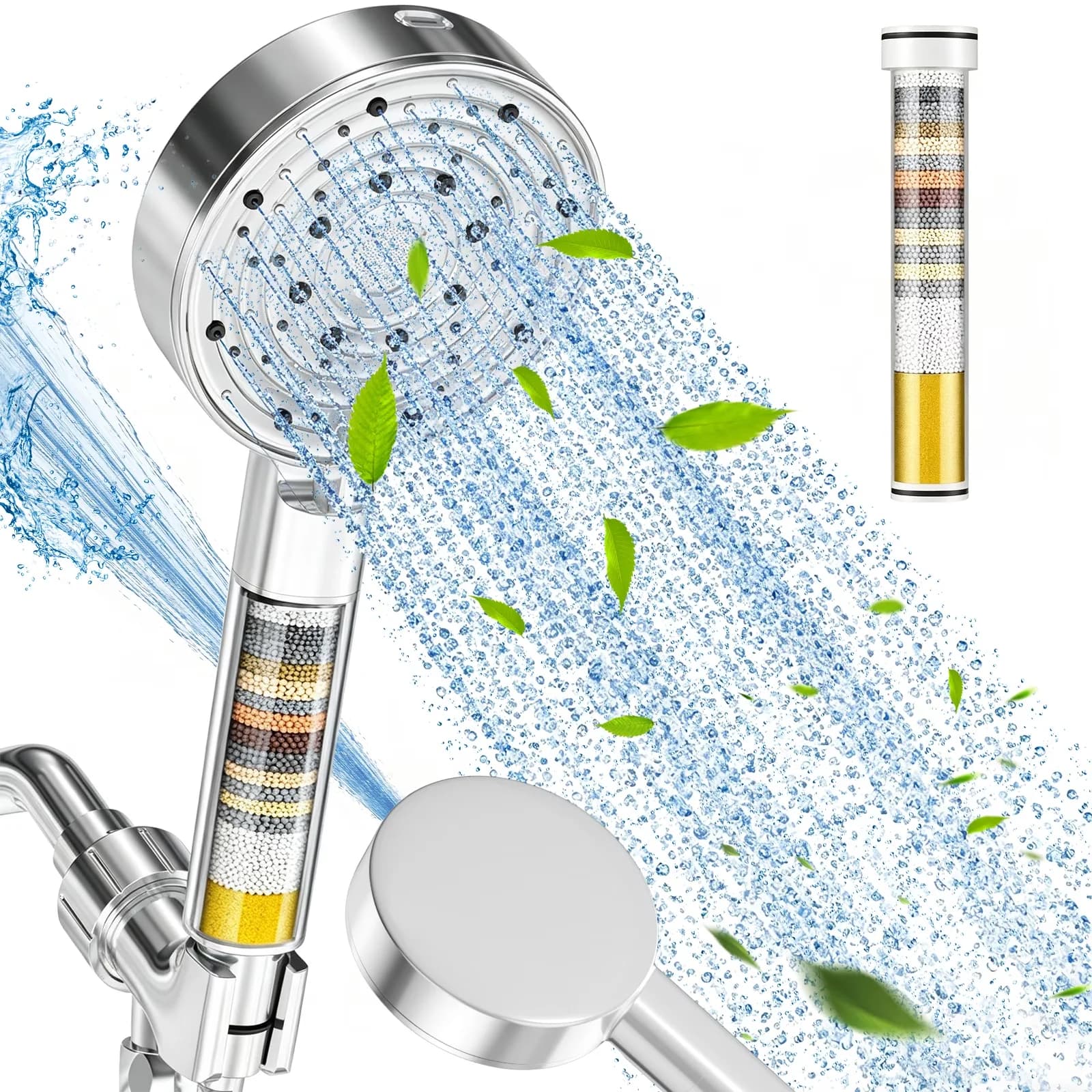 Compact Shower Head with Filtered, Handheld, High Pressure 10 Spray Mode Showerhead - Abs Silver Model EBE968