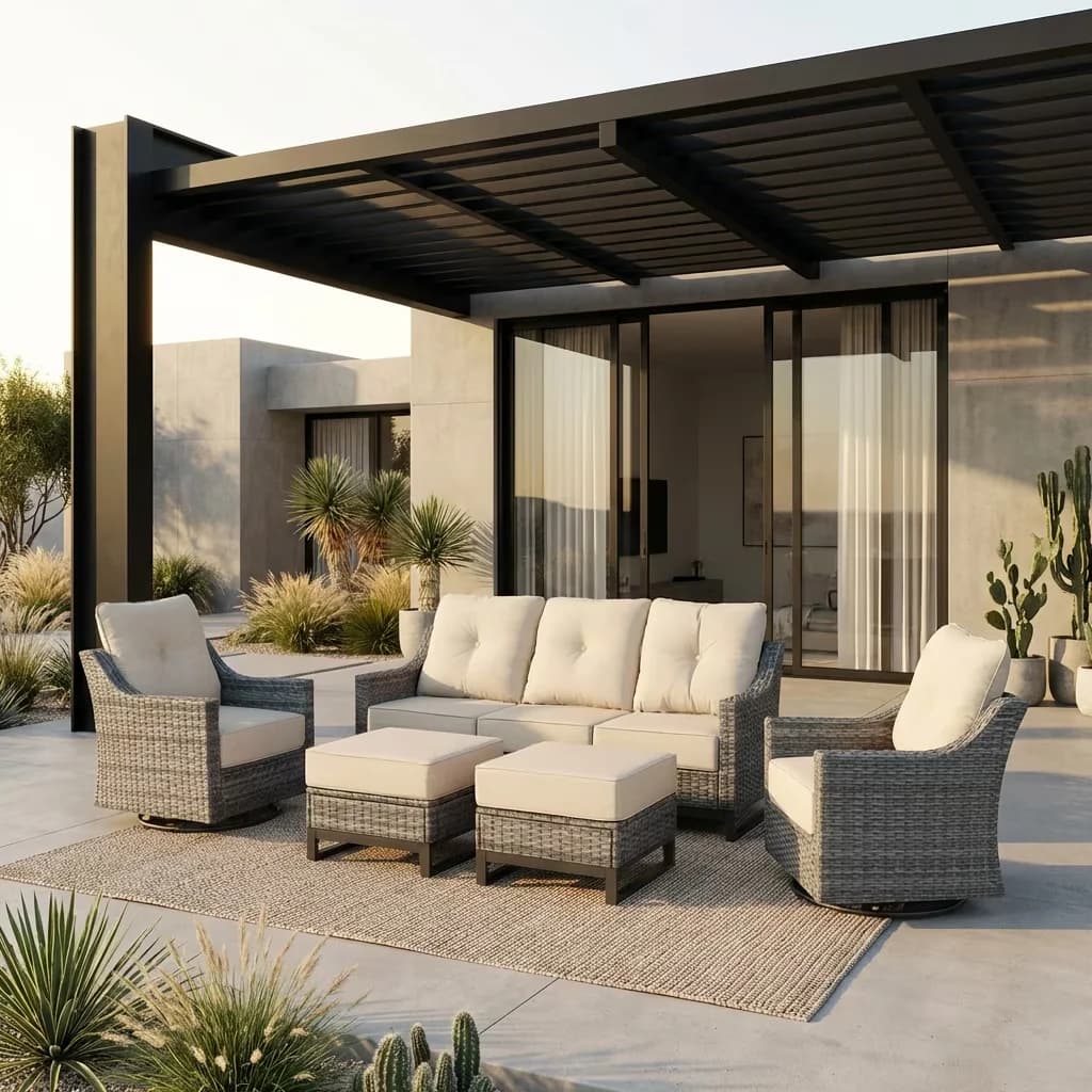 Modern Patio Conversation Set with Weatherproof, 3-Seat Sofa - Gray Wicker Model F5A4E3