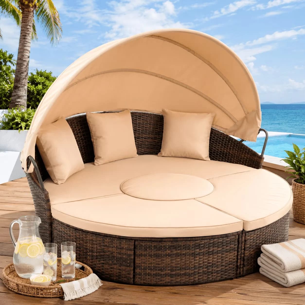 Patio Conversation Set Stylish with Waterproof, Cushions and Pillows - Khaki Pe Wicker + Steel Frame + Polyester+Sponge Model 1C2A2F