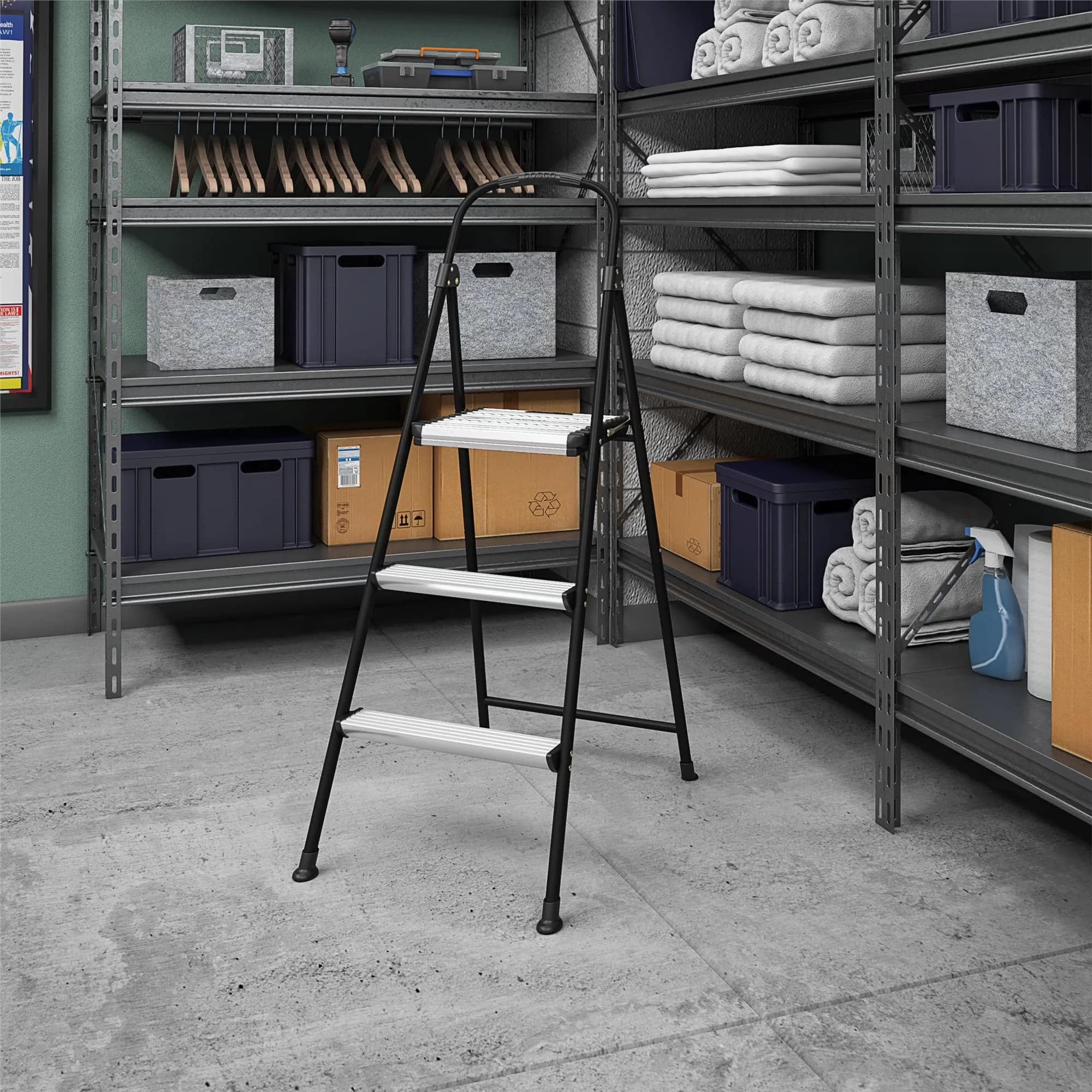 Ladders And Step Stool Efficient with Foldable, 8 Ft. 10 in. Max Reach (Black), Rubber Hand Grip - Black Aluminum Model 957155