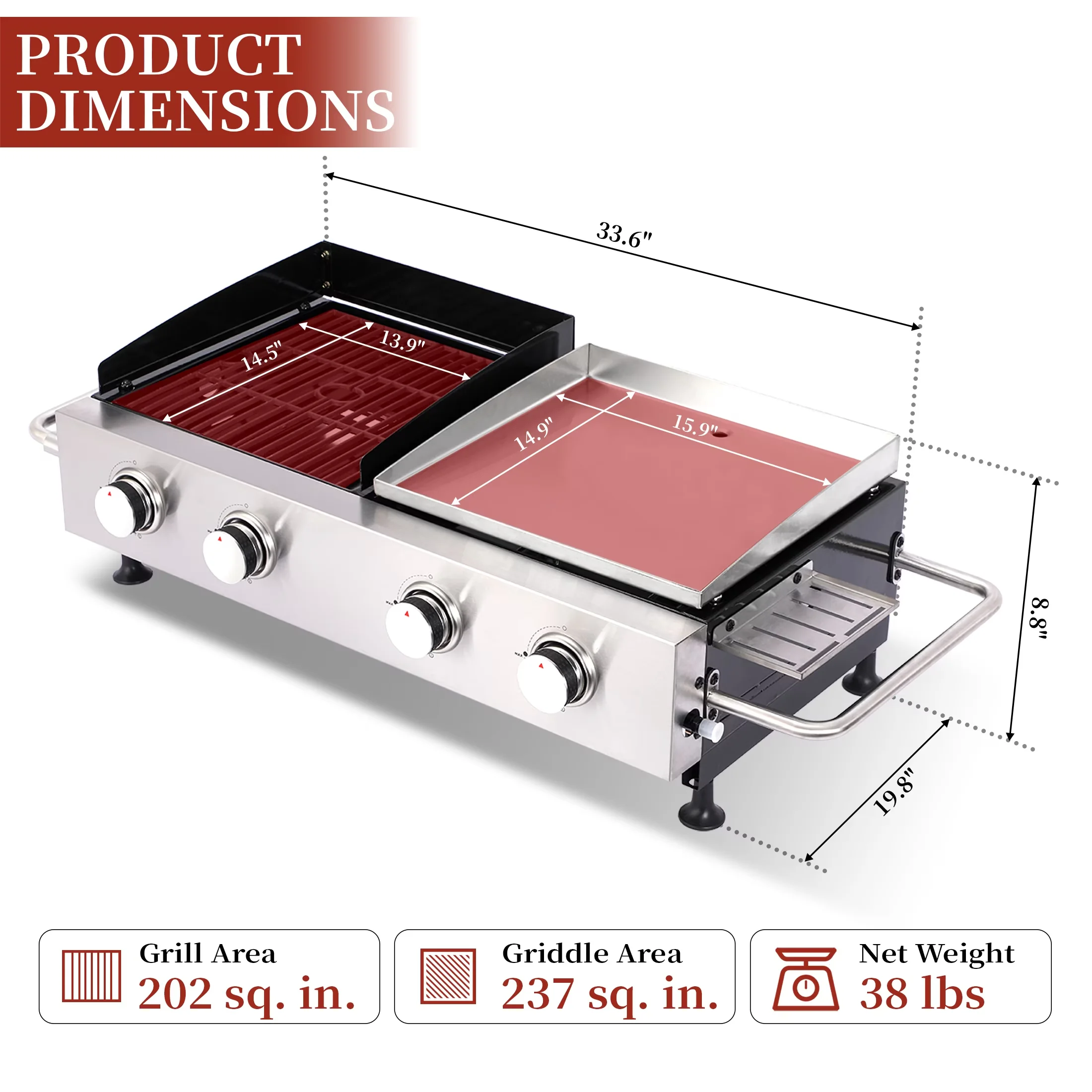 Modern Flat Top Grill with 38200 BTU, Portable - Stainless Steel Silver for Outdoor Model 533CF0