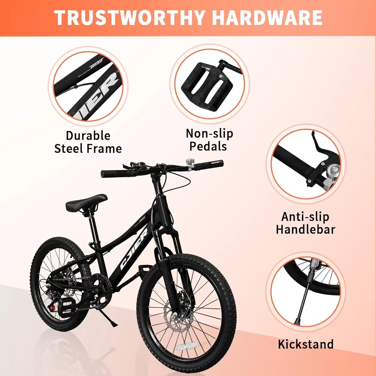 Durable Mountain Bike with Adjustable Seat Height, Bikes, 20 Inch Kids - Black Model B7B0A9