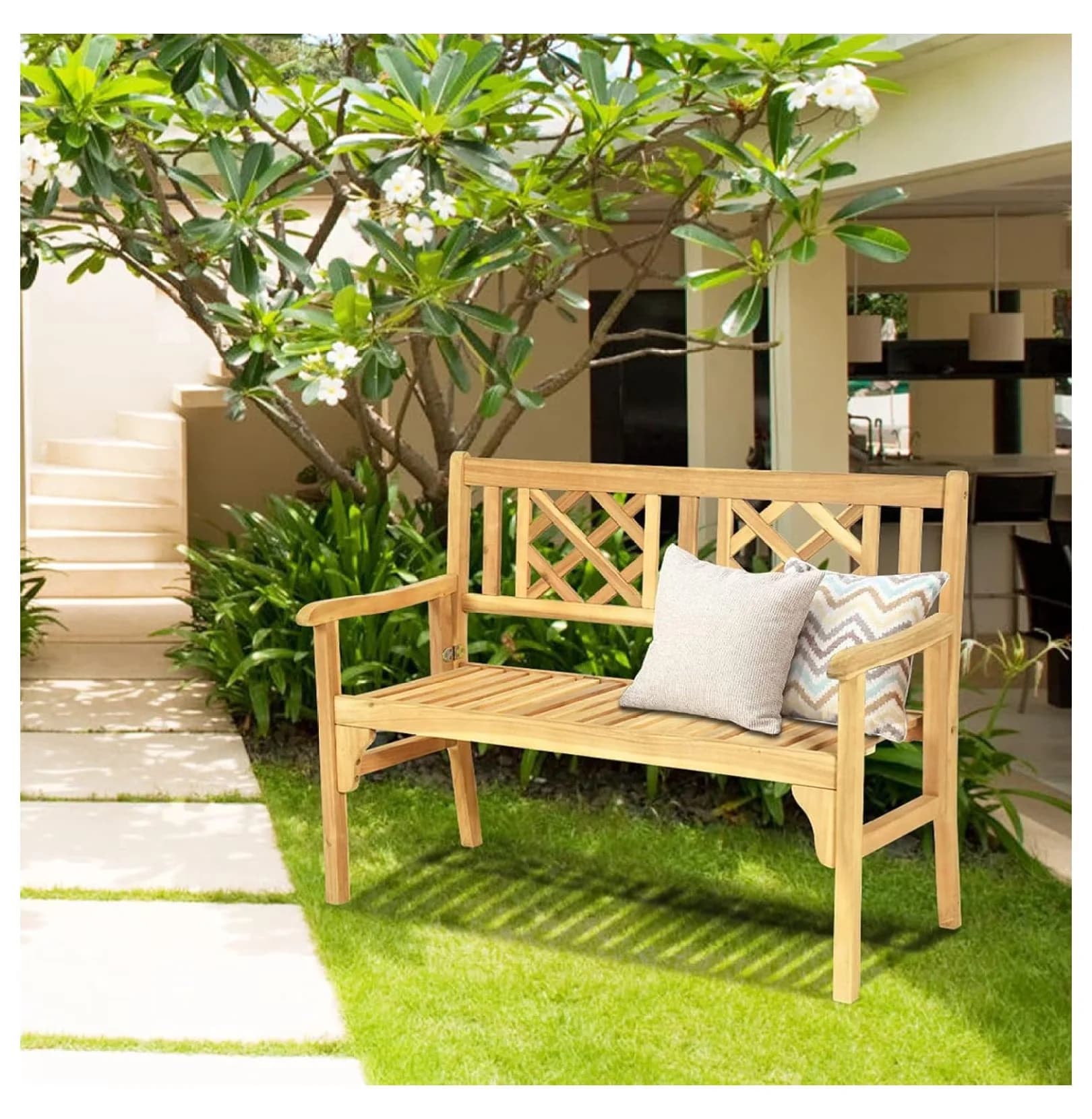 Patio Chair Stylish with Slatted Seat & Armrest, 2-Person Wood Foldable Porch Loveseat - Natural Wood for Garden Model 02EC6D