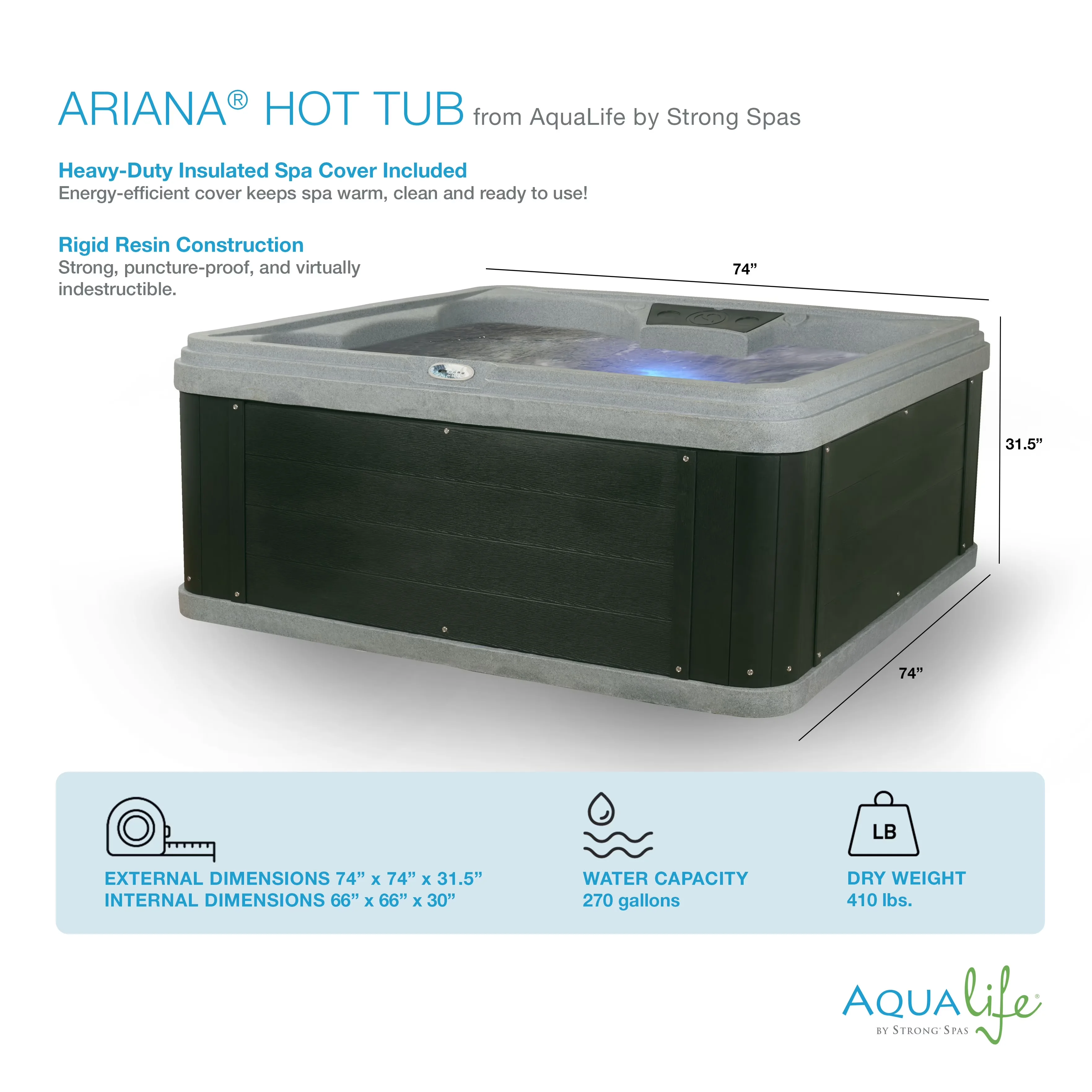 Hot Tub Compact with Uv Resistant, 30 Jets, Gray Granite - Gray 70 - Easy to Use Model 585D32