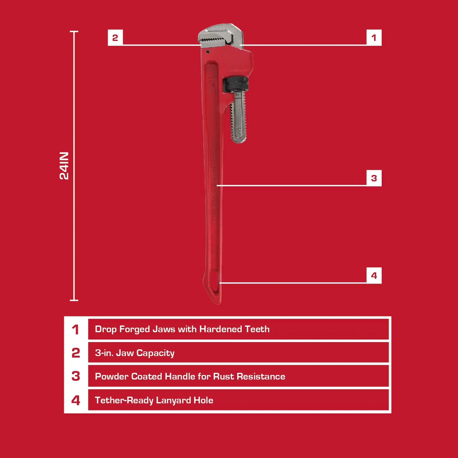 Professional Hand Tool with Heavy-Duty, 24-inch Heavy-Duty Pipe Wrench, 3-in. Jaw Capacity - Black 24" Model 7B2B4E