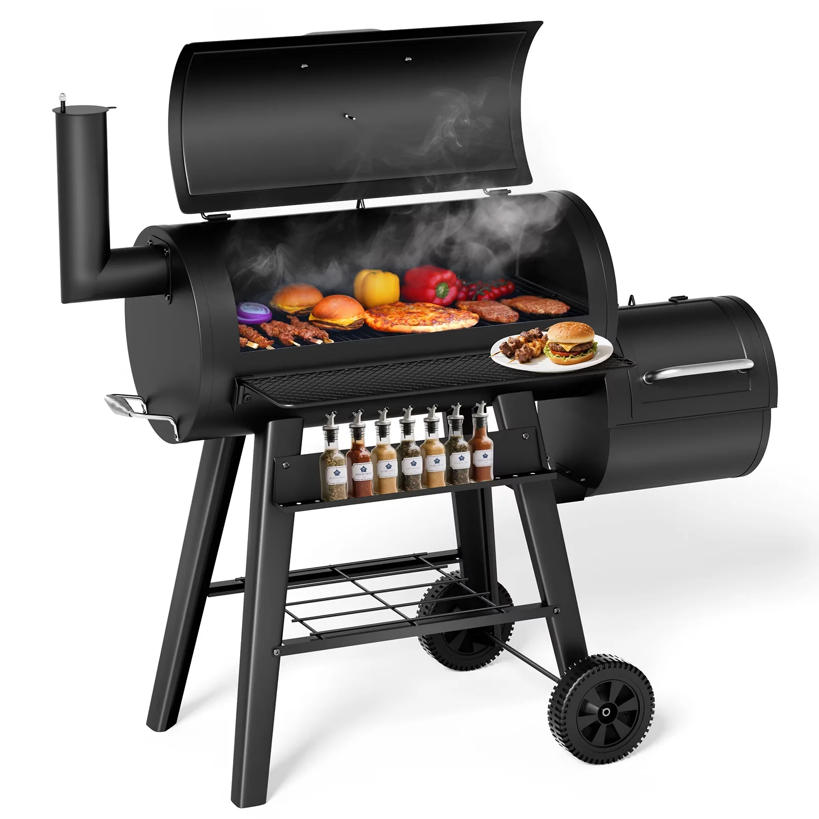 Versatile Combo Grill with Storage Rack, Warming Rack, Offset Firebox - Steel for Outdoor, Patio Model 5DA18E