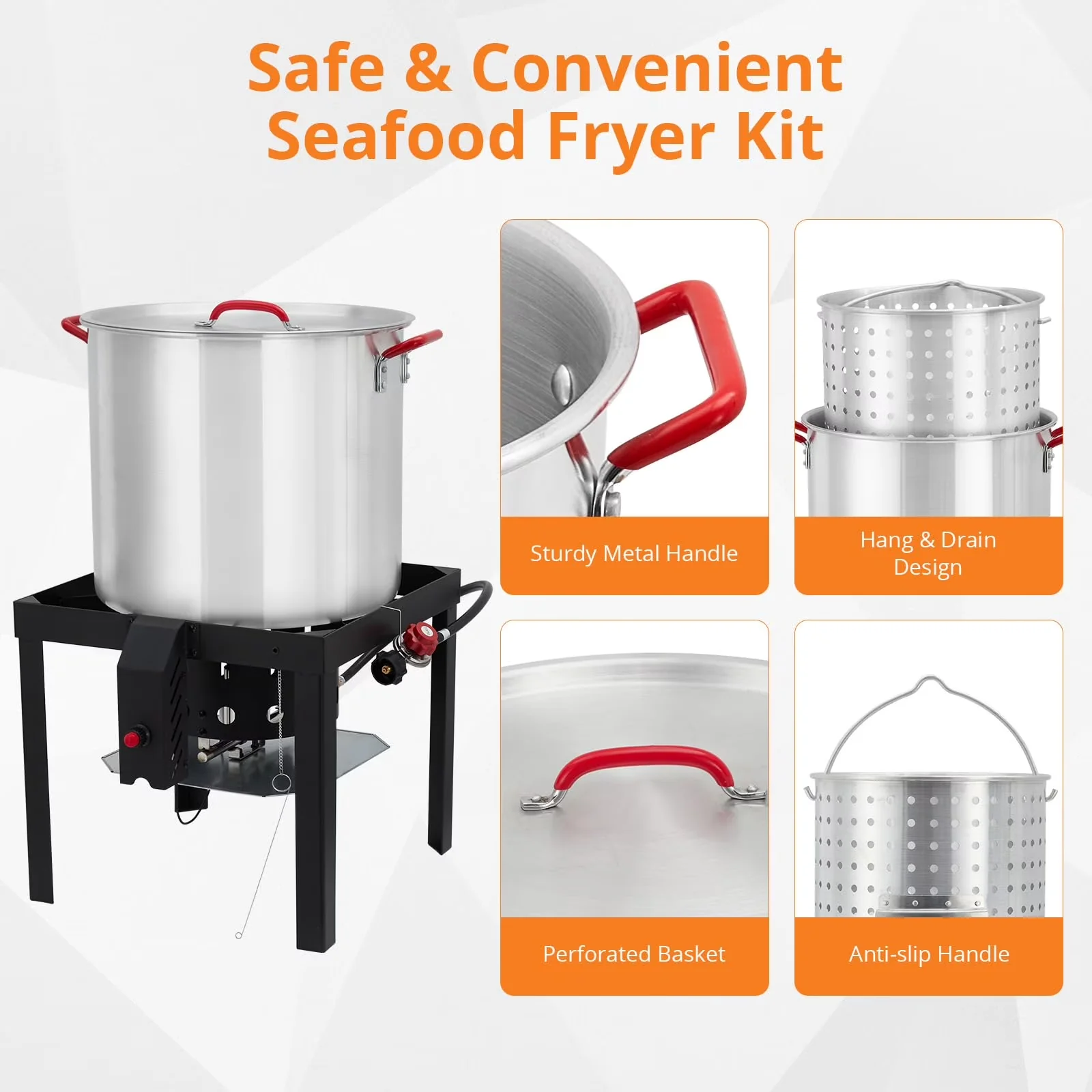 Compact Outdoor Fryer with 110000 BTU, Turkey Deep Pot - Aluminum, Cast Iron, Steel Silver Model 85DE83