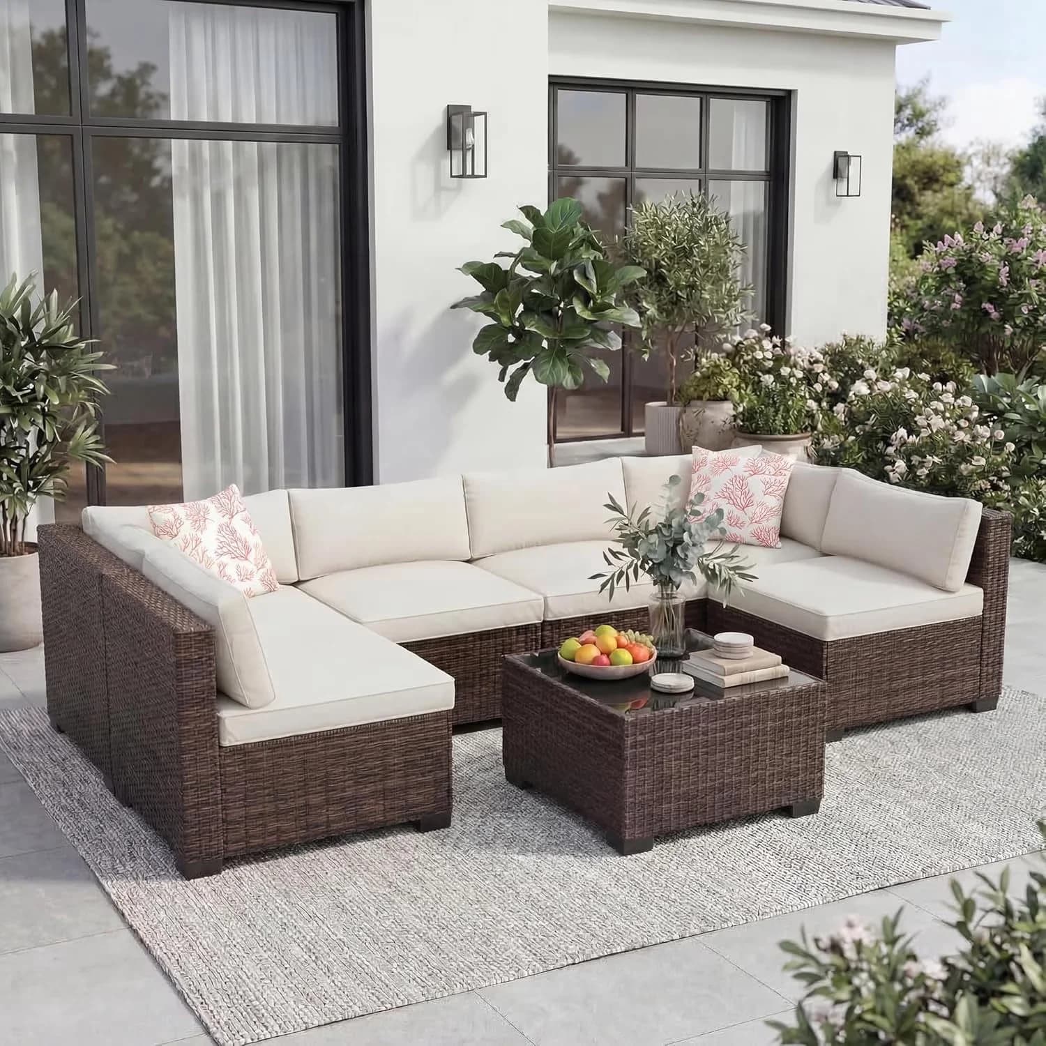 Versatile Outdoor Sofas Sectional with Removable Cushions, Modern Gray Conversation Set - Brown Synthetic Rattan Wicker, Aluminum for... Model BB6D0C