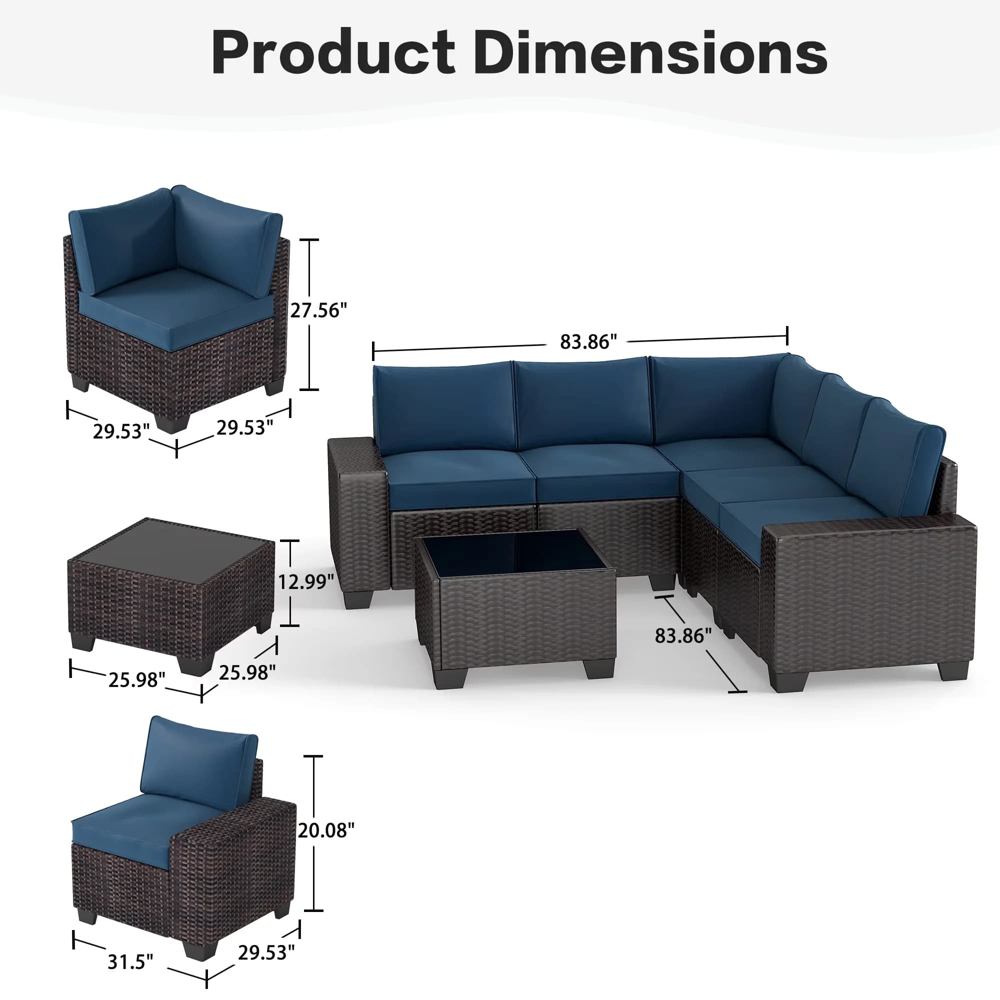 Outdoor Sofas Sectional Sleek with Weather-Resistant, 6 Pieces with Wide Armrest, 6 Pieces Patio Furniture Set - Model 7C509C