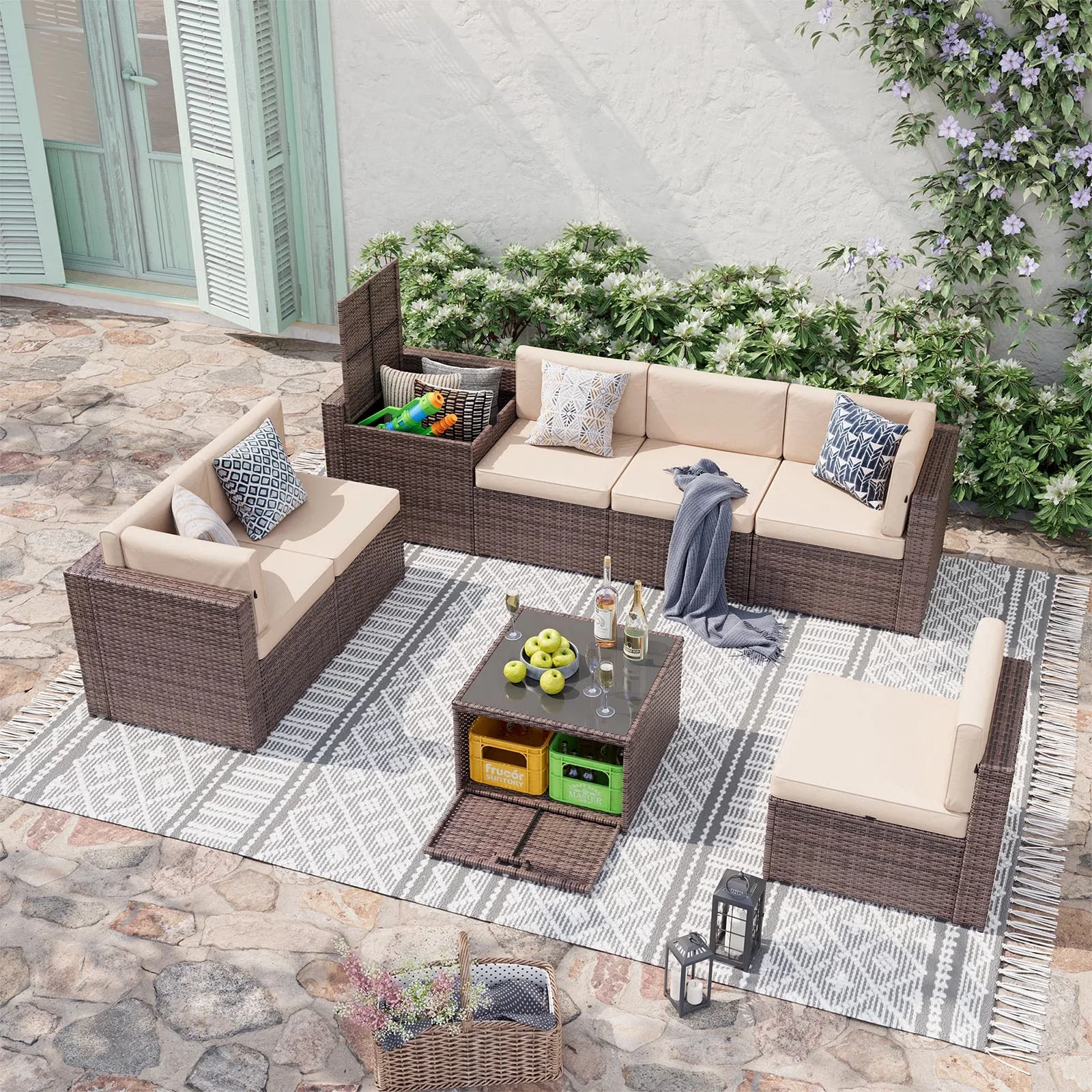 Quality Outdoor Sofas Sectional with Weather-Resistant, Storage - Brown Model 6FE560
