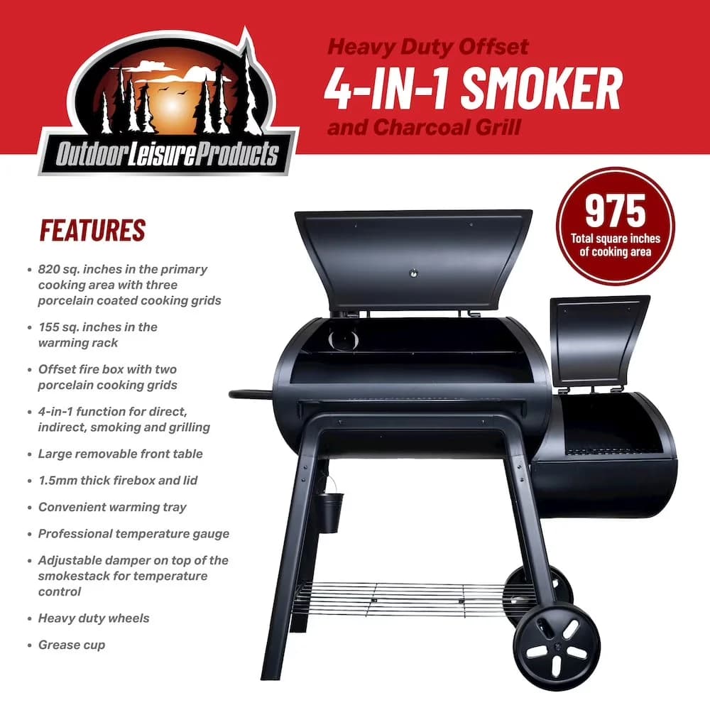 Innovative Smoker with Offset Fire Box, Heavy Duty Offset Charcoal Grill - Steel Black Model C3DD1E
