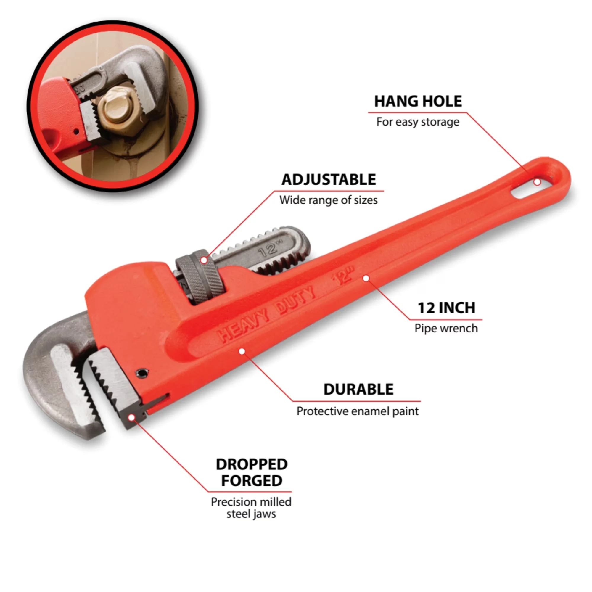 Hand Tool Set Reliable with Adjustable, Drop-Forged Steel, W1133-12B 12 In. Pipe Wrench - Red 12" Model 9112FA