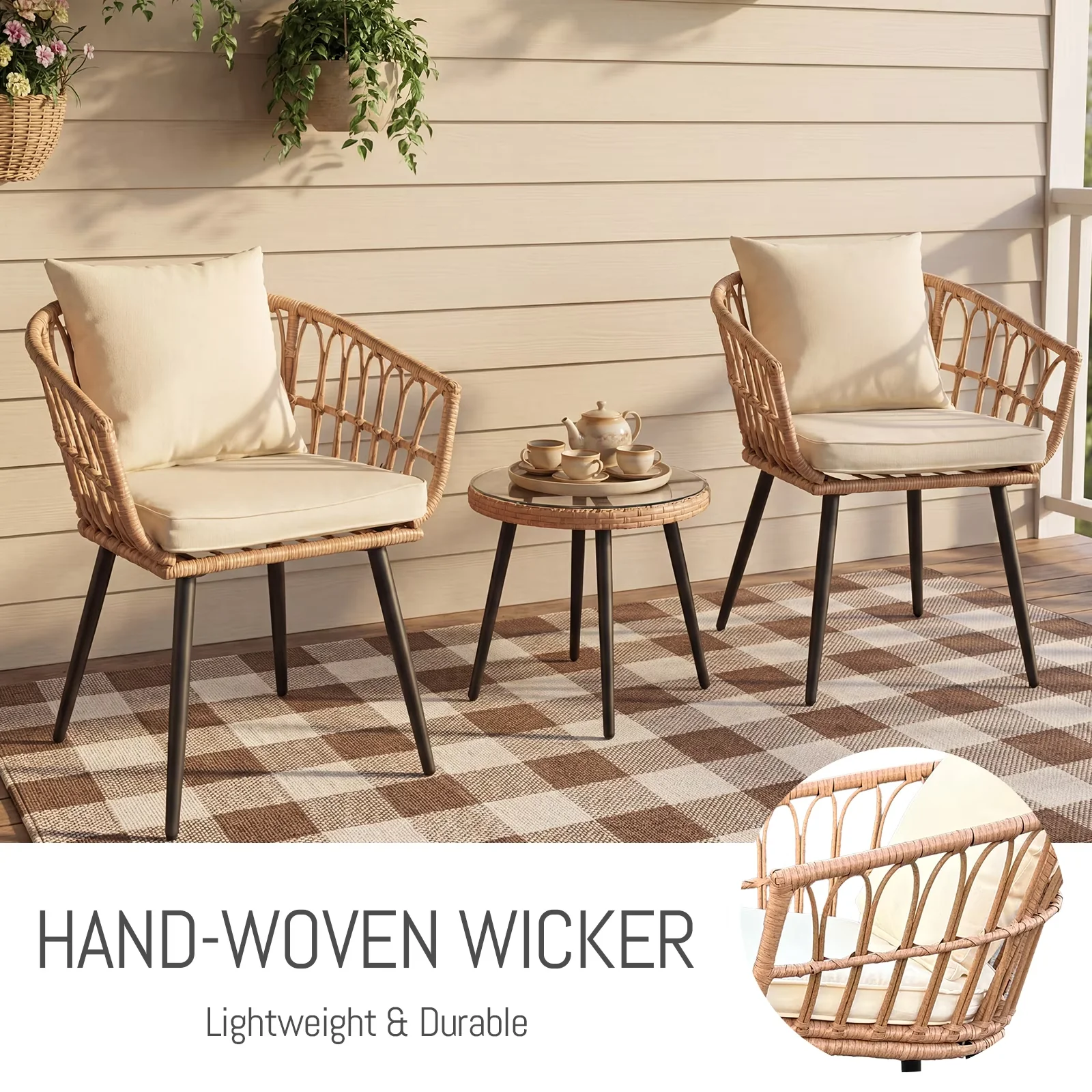 Essential Patio Conversation Set with Chair and Table, 3 Piece All Weather Wicker Bistro, Outdoor Indoor PE Rattan - Model 43340E