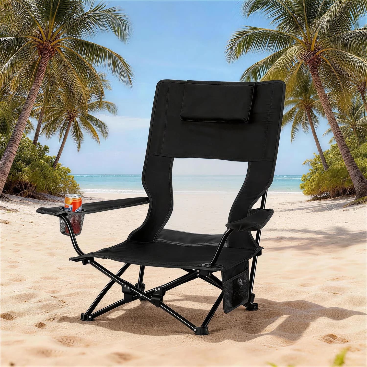 Compact Beach Chair with Folding, Rust Resistant - Black for Outdoor, Camping Model 12D443