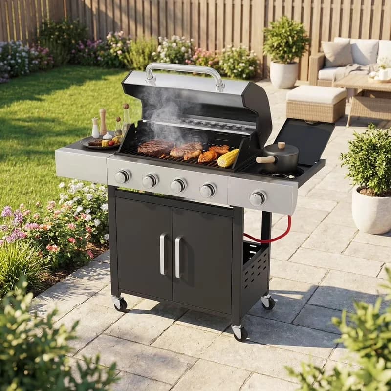 Flat Top Grill Modern with Portable, 4-Burner Propane Gas, Side Burner - Steel Black for Patio, Camping Model 73CED9