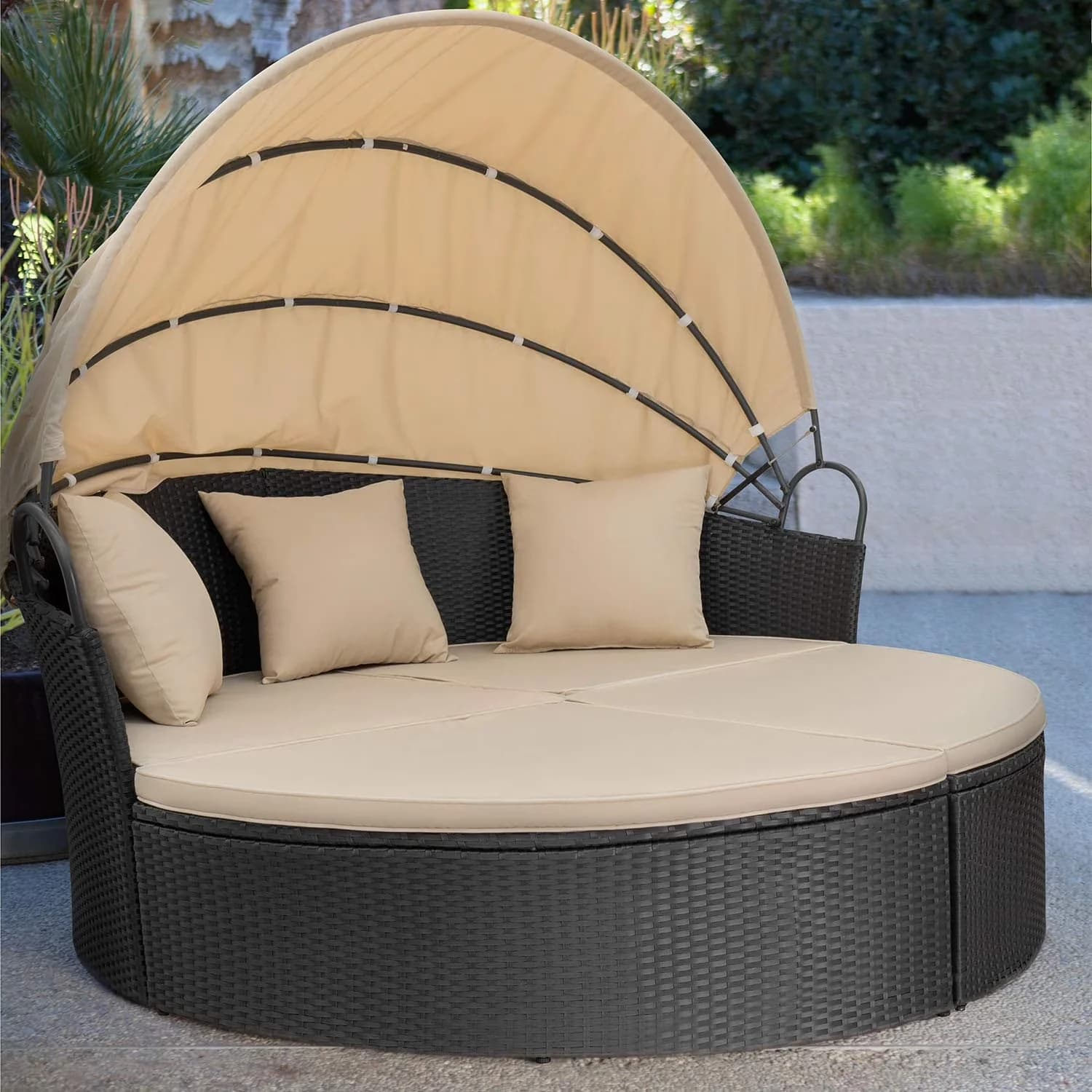 Durable Outdoor Sofas Sectional with Washable Cushions, Patio Round Daybed - Rattan, Steel, Wicker, Polyethylene for Patio Model 87006A