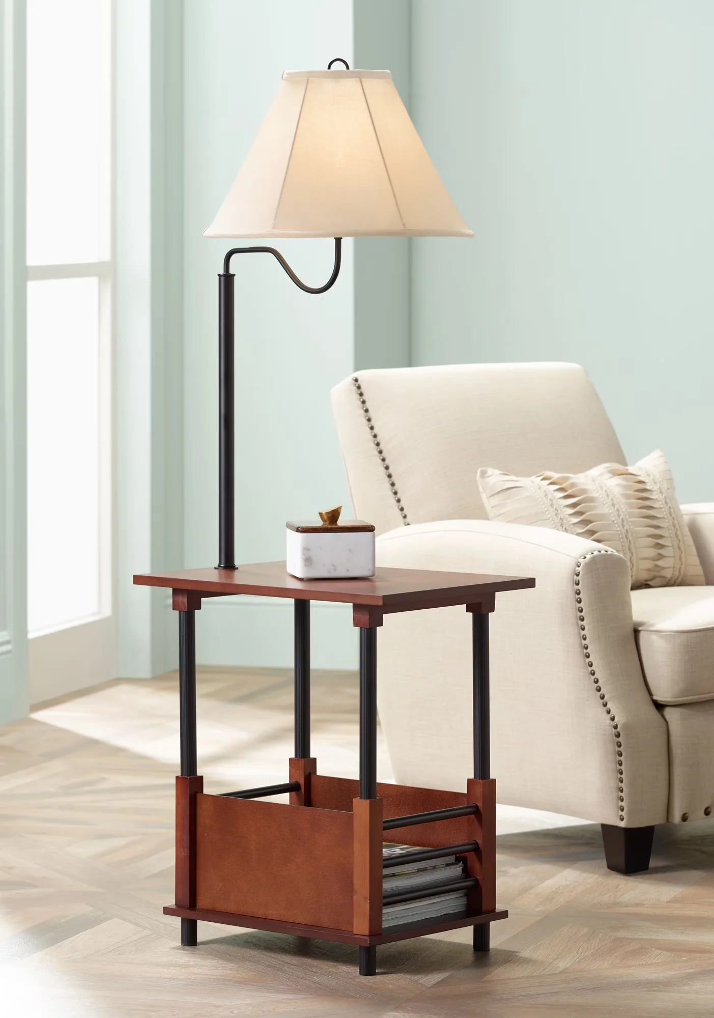 Modern Floor Lamp with LED, Swing Arm Lamps, Marville Mission Rustic Farmhouse - Wood Brown Model BD4841