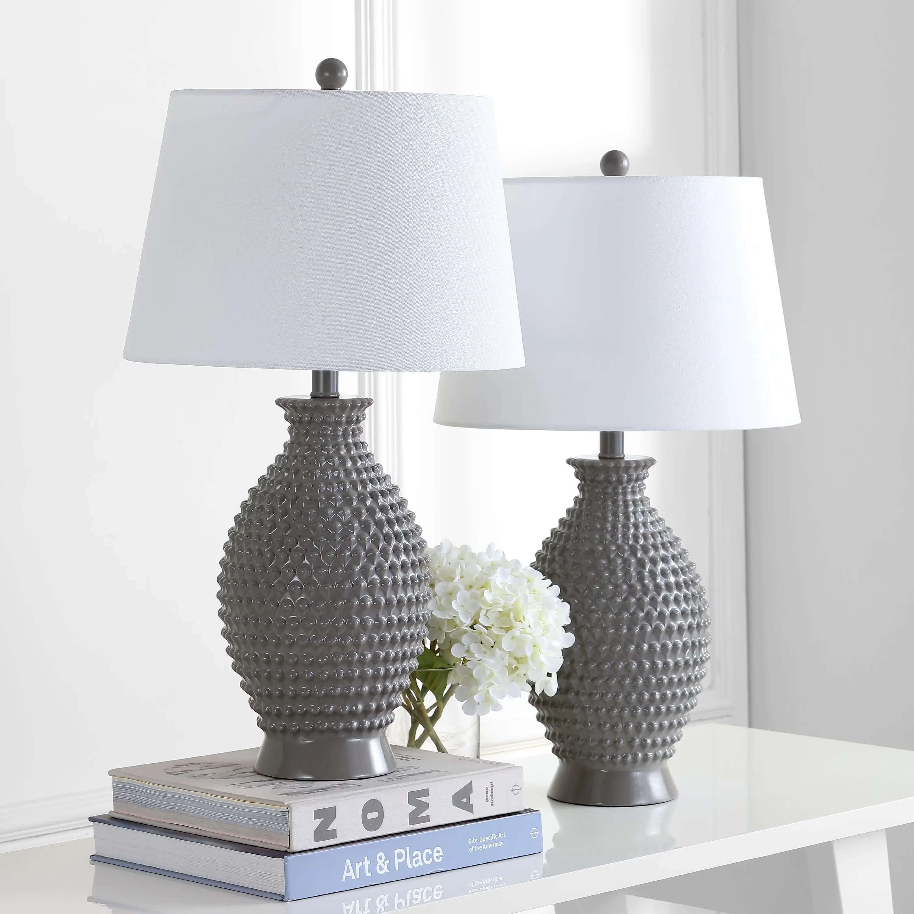 Lamp Set Stylish with LED, Contemporary, Shade Color: Off-White - Gray Resin Model 7E8B35