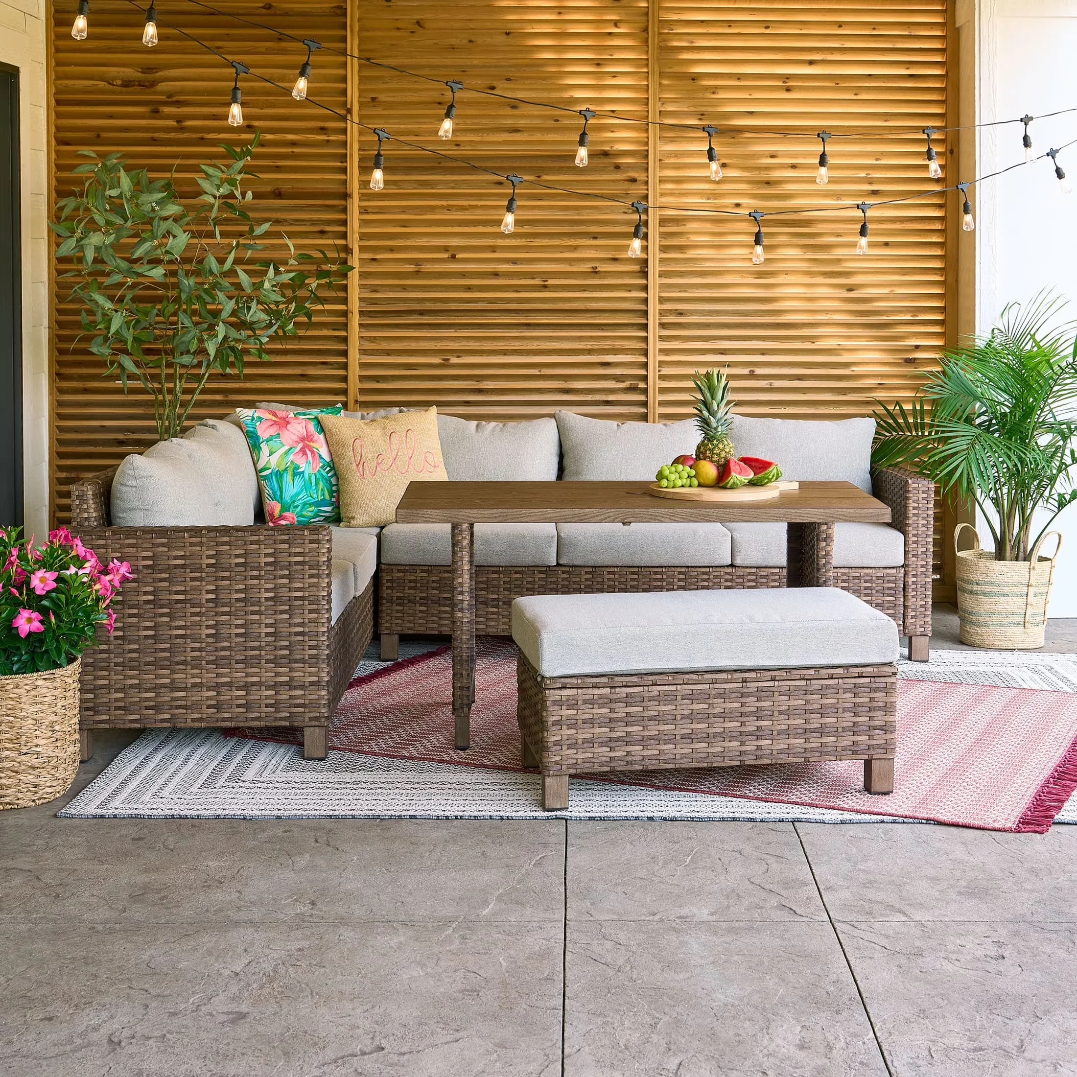 Patio Dining Set Durable with Storage, Weatherproof, Beige Cushions - Scotchgard Treated Solution Dyed Polyester Model CBE08E